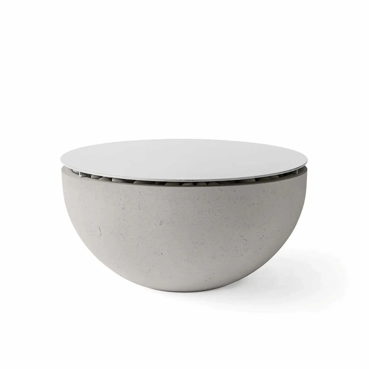 HPC Fire Hearth Products Controls Dekko GFRC Concrete Serenade 32 Fire Pit in Sandstone finish with Table Top Lid installed. The light sandstone-colored concrete bowl is paired with a smooth circular cover that creates additional usable surface space when the fire pit is not operating. Displayed on a white background, the image showcases the subtle concrete texture, rounded silhouette, and versatile design of the Serenade 32 fire pit.