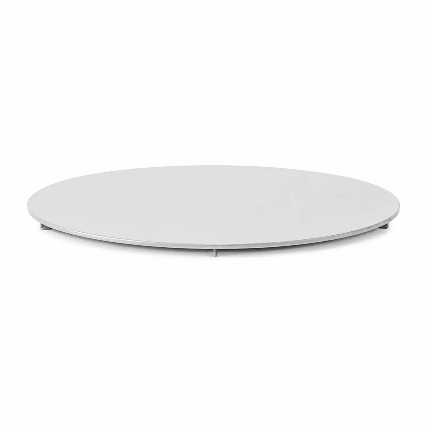 HPC Fire Hearth Products Controls Dekko GFRC Concrete Serenade 32 Fire Pit Table Top Lid shown on a white background. This circular metal cover is designed to transform the Serenade 32 fire pit into a functional tabletop when the burner is not in use. The low-profile round lid features a smooth, minimalist surface with integrated support tabs underneath, highlighting its clean design and compatibility with the Dekko GFRC Concrete Serenade fire pit collection.