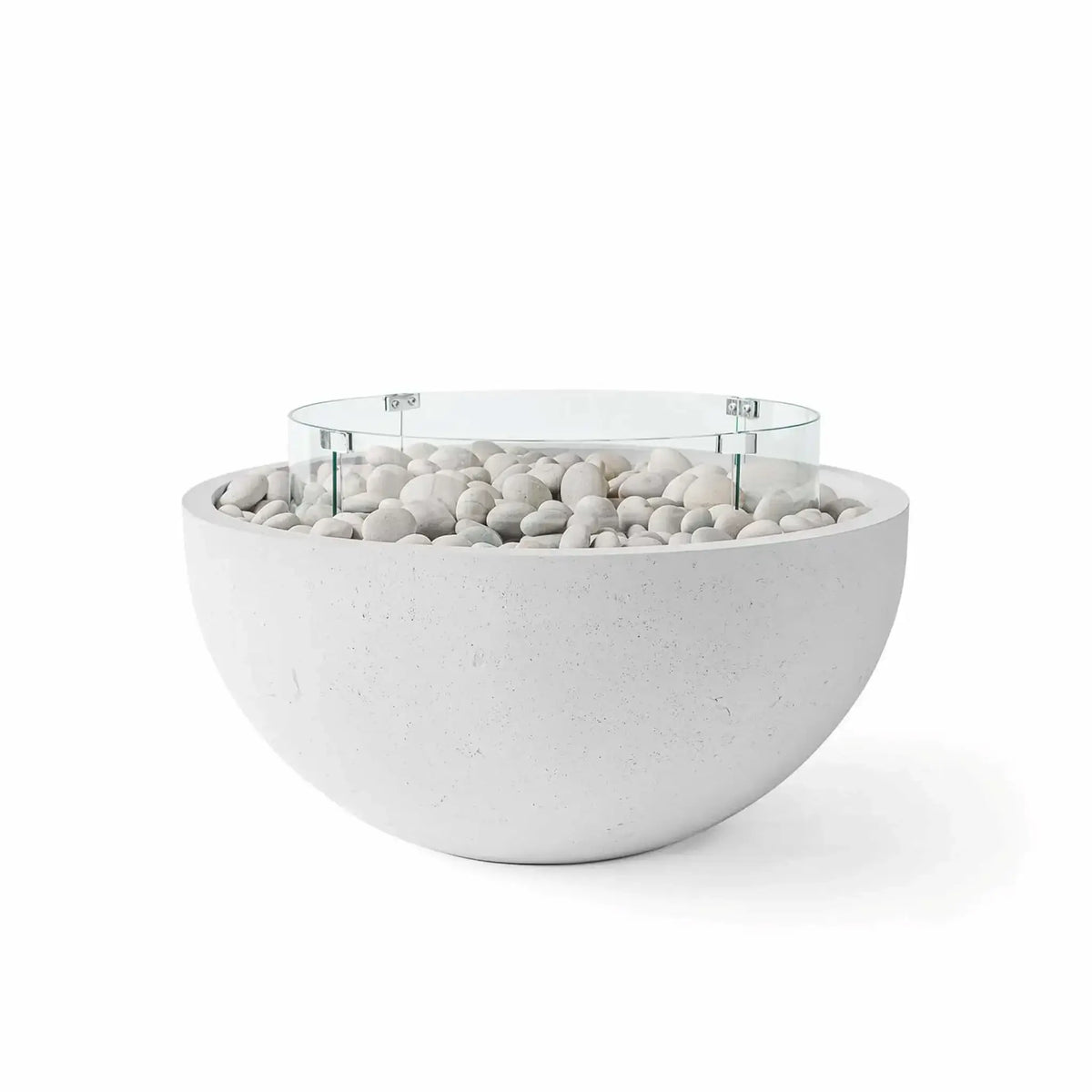 HPC Fire Hearth Products Controls Dekko GFRC Concrete Serenade 40 Fire Pit in Ash finish featuring smooth ivory stone fire media and a clear tempered glass wind guard. This modern round outdoor fire pit showcases a minimalist concrete bowl design with a textured GFRC construction, decorative white river stones, and a circular glass flame barrier, ideal for contemporary patios, outdoor lounges, and luxury backyard fire feature installations.