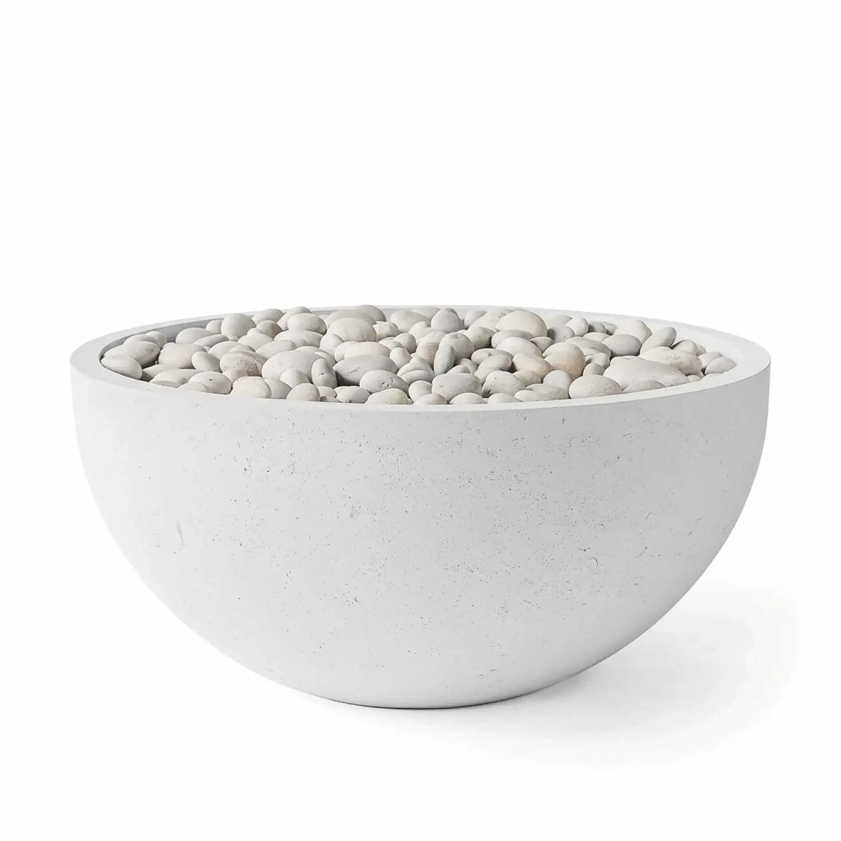 HPC Fire Hearth Products Controls Dekko GFRC Concrete Serenade 40 Fire Pit in Ash finish featuring smooth ivory decorative stones. This round 40-inch GFRC concrete fire pit bowl showcases a clean modern profile with a light gray concrete texture, wide rim, and natural river rock media. Product image displayed on a white background highlighting the contemporary outdoor fire feature design for patios, decks, and backyard living spaces.