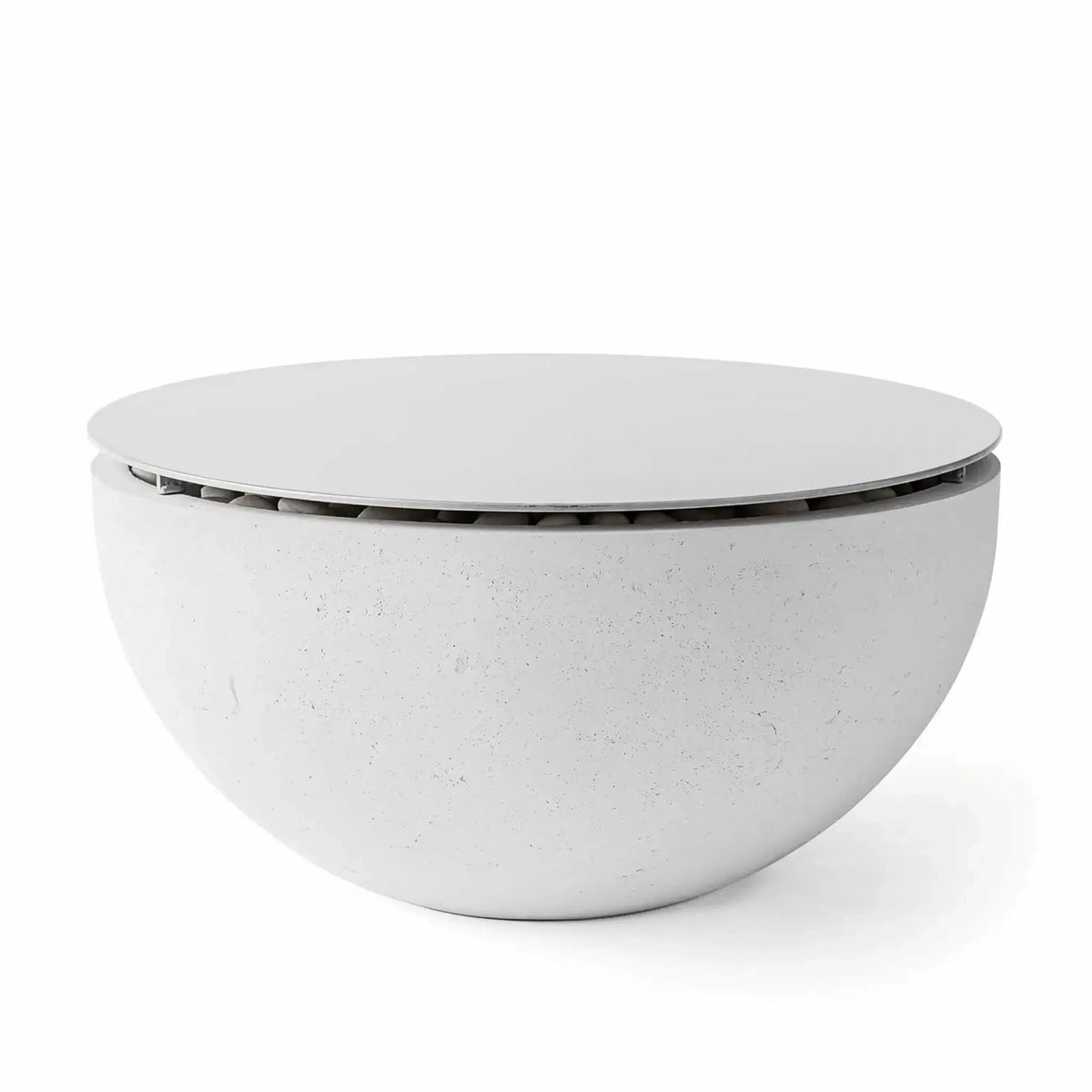 HPC Fire Hearth Products Controls Dekko GFRC Concrete Serenade 40 Fire Pit Ash Table Top Lid installed on an ash-colored Serenade 40 fire pit table. The round metal lid covers the burner area to create a functional tabletop surface while protecting fire media and internal components. The contemporary bowl-shaped GFRC concrete fire pit features a soft ash finish and minimalist outdoor design.