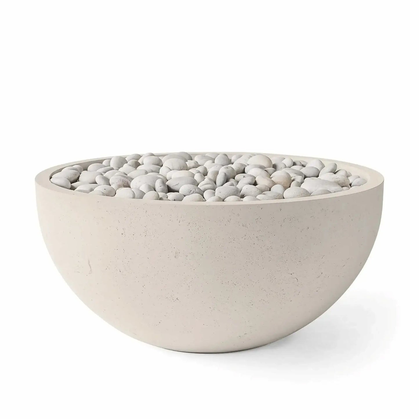 HPC Fire Hearth Products Controls Dekko GFRC Concrete Serenade 40 Fire Pit in Clay finish featuring ivory decorative stones. The round GFRC concrete fire bowl has a warm beige concrete color, subtle textured surface, and smooth white river stones covering the burner area. Product image showcases the elegant contemporary fire pit design, ideal for outdoor patios, garden seating areas, and luxury backyard landscapes.