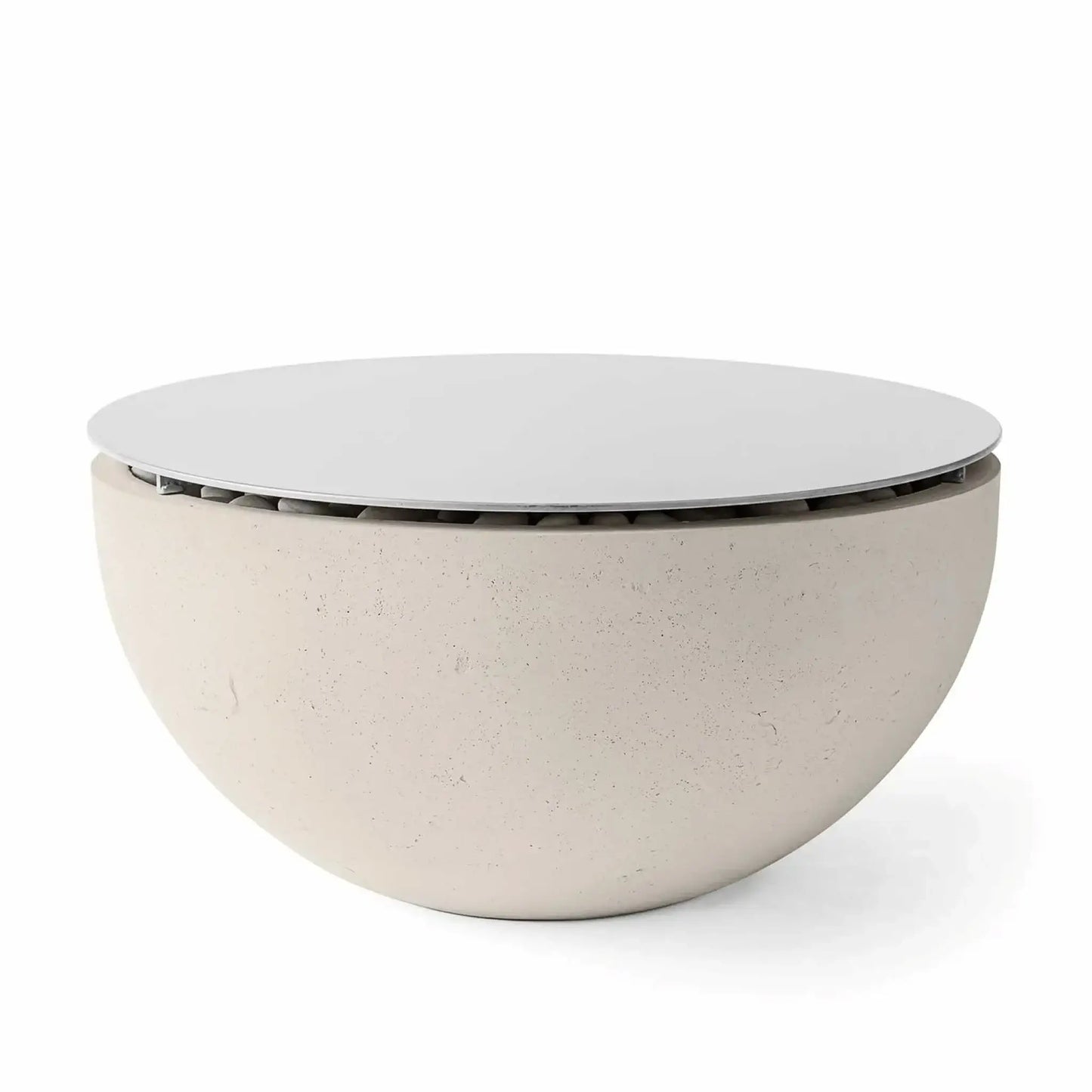 HPC Fire Hearth Products Controls Dekko GFRC Concrete Serenade 40 Fire Pit Clay Table Top Lid mounted on a clay-colored GFRC concrete fire pit table. The round protective cover conceals the burner area and fire media while creating a smooth tabletop surface. The warm clay finish and sculptural bowl design make this Serenade 40 fire pit a stylish focal point for outdoor seating areas.
