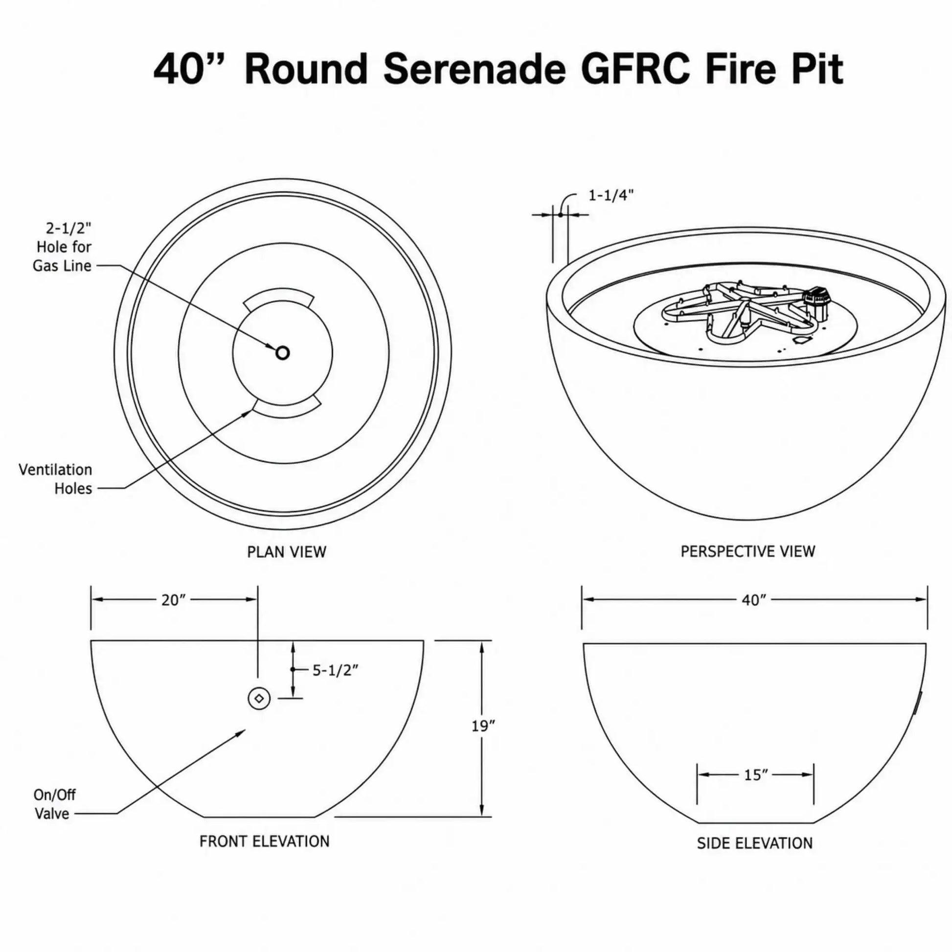 HPC Fire Hearth Products Controls Dekko GFRC Concrete Serenade 40 Fire Pit General Specification Sheet showing detailed engineering drawings and dimensions. The technical diagram includes plan, perspective, front elevation, and side elevation views, highlighting the 40-inch diameter, 19-inch height, gas line access hole, ventilation openings, on/off valve location, burner configuration, and key construction measurements for installation and planning purposes.