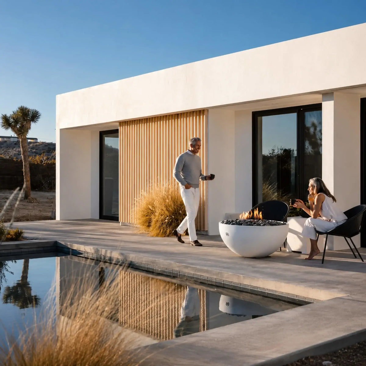 HPC Fire Hearth Products Controls Dekko GFRC Concrete Serenade 40 Fire Pit Lifestyle image capturing a modern poolside patio with a white round fire pit and active flame. A couple enjoys the outdoor setting beside a sleek contemporary home, while the Serenade 40 fire pit complements the minimalist architecture, reflective pool, and desert-inspired landscaping.