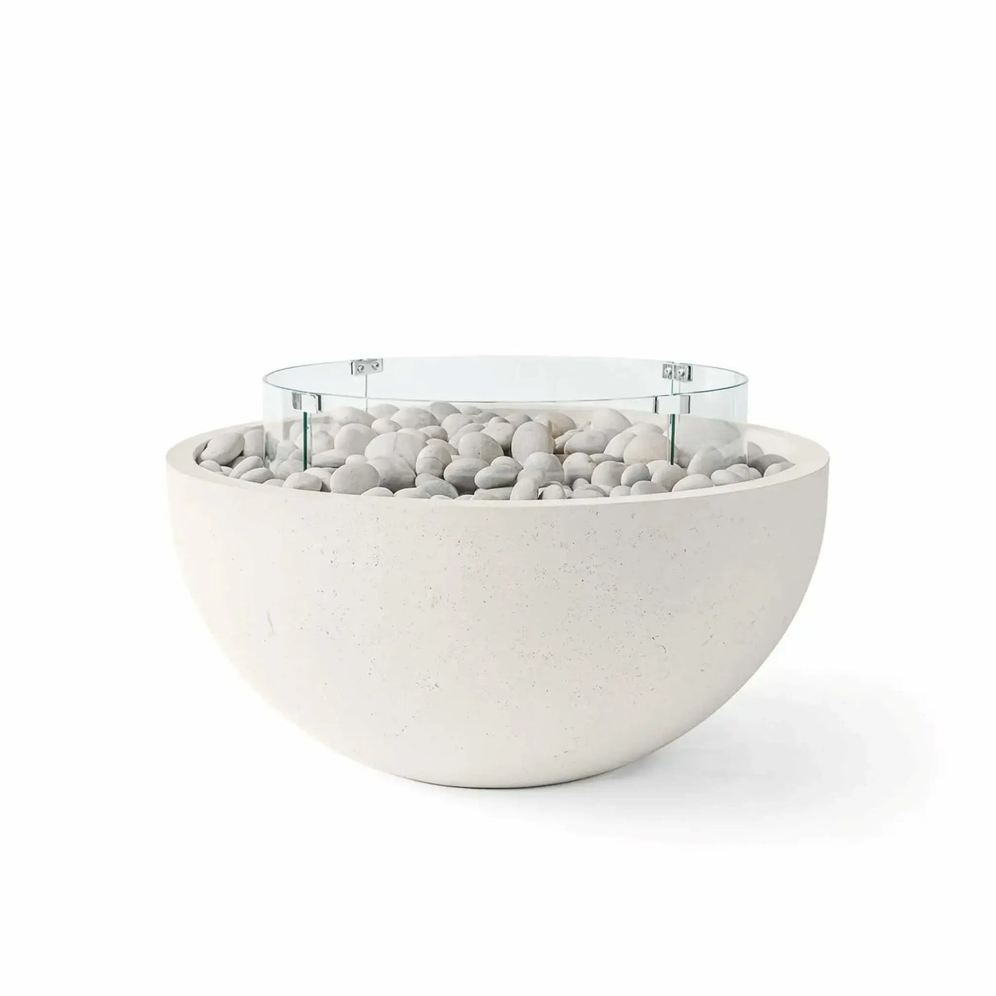 HPC Fire Hearth Products Controls Dekko GFRC Concrete Serenade 40 Fire Pit in Limestone finish with ivory stone fire media and a tempered glass wind guard. The light limestone-colored GFRC concrete bowl features decorative white river stones, a circular tempered glass flame barrier, and a contemporary rounded silhouette, creating a bright, elegant outdoor fire pit centerpiece for luxury patios and modern landscape settings.