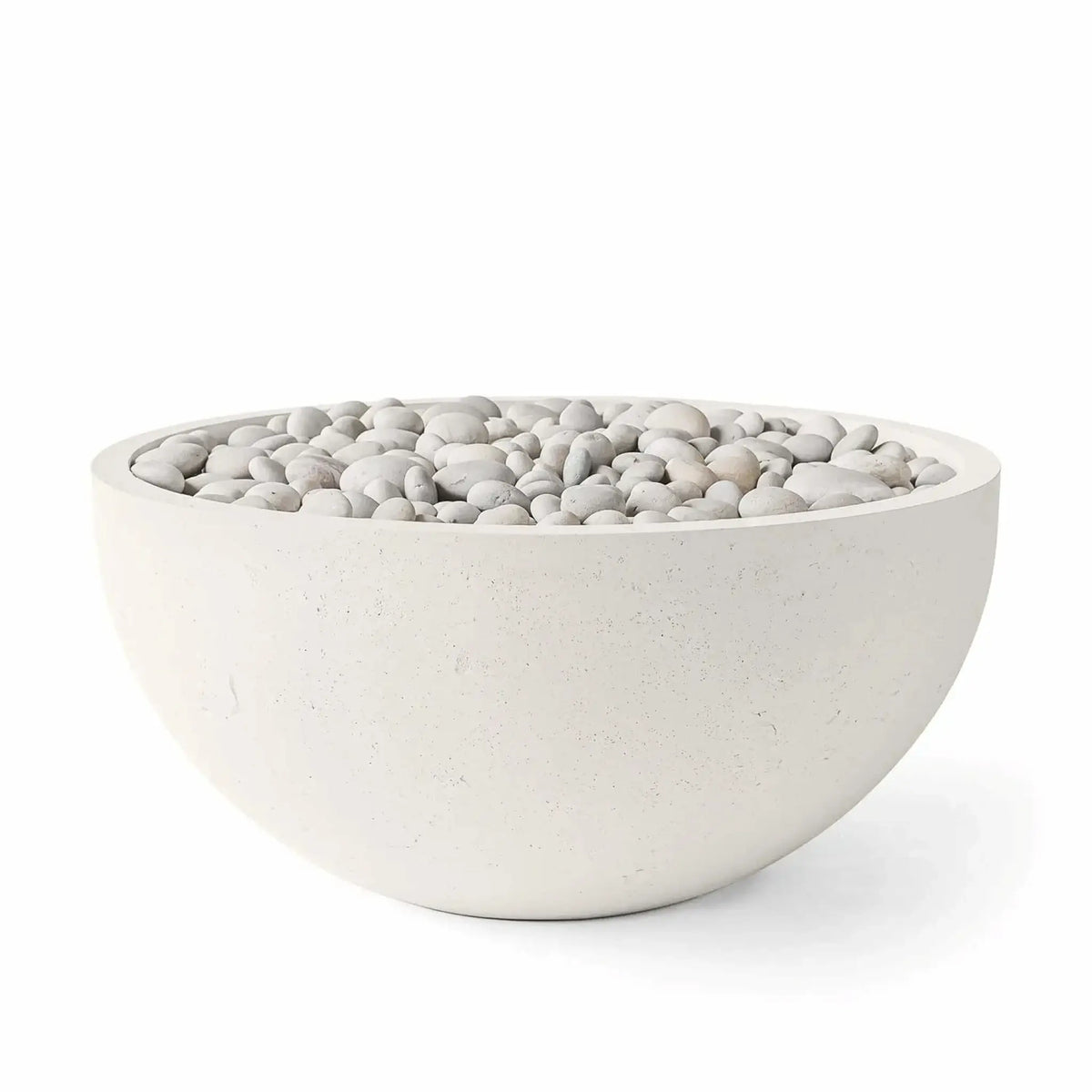 HPC Fire Hearth Products Controls Dekko GFRC Concrete Serenade 40 Fire Pit in Limestone finish displayed with Ivory Stone media. This studio product image highlights the smooth round GFRC concrete fire bowl, subtle limestone texture, and decorative ivory river stones that create a clean, elegant appearance suitable for modern patios, outdoor lounges, and luxury landscape designs.