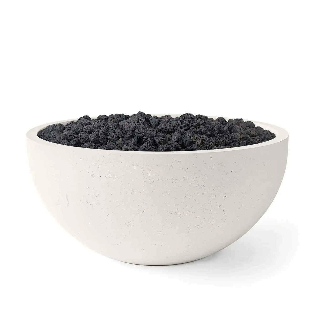 HPC Fire Hearth Products Controls Dekko GFRC Concrete Serenade 40 Fire Pit in Limestone finish featuring black Lava Rock fire media. The product image showcases the bowl-shaped concrete fire pit with a textured limestone-colored exterior and rugged volcanic rock fill, offering a contemporary outdoor fire feature designed for patios, entertainment spaces, and modern landscape installations.