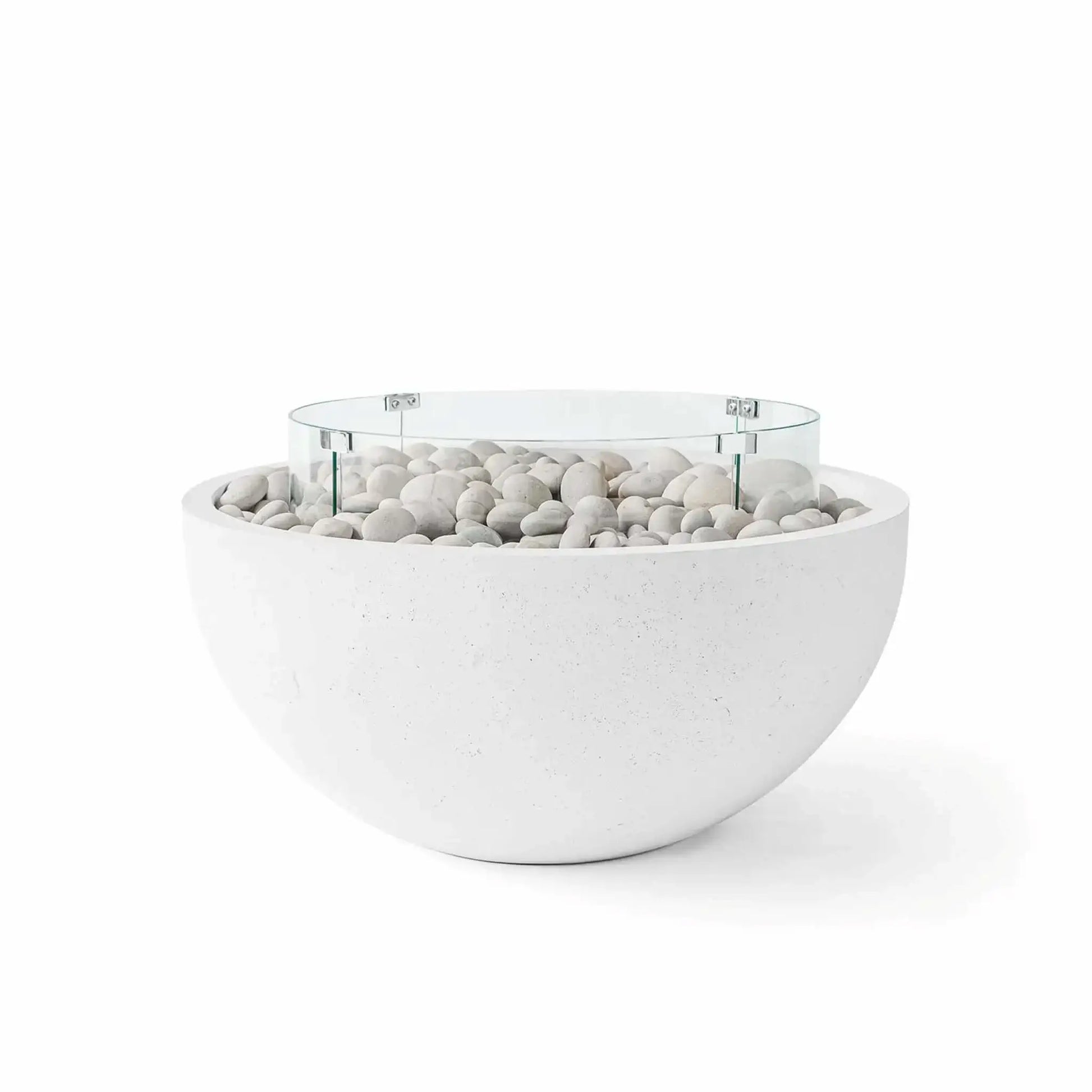 HPC Fire Hearth Products Controls Dekko GFRC Concrete Serenade 40 Fire Pit in Natural finish featuring ivory stone fire media and a clear tempered glass wind guard. This elegant round fire pit features a light natural-toned concrete bowl, decorative white river stones, and a circular glass flame barrier, delivering a timeless design that blends seamlessly into contemporary landscapes, patios, and outdoor gathering spaces.