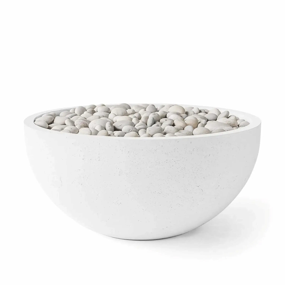 HPC Fire Hearth Products Controls Dekko GFRC Concrete Serenade 40 Fire Pit in Natural finish paired with Ivory Stone media. This clean product image highlights the handcrafted concrete bowl design, natural concrete coloration, and smooth ivory decorative stones, creating a sophisticated outdoor fire feature ideal for modern backyard patios, poolside seating areas, and luxury landscapes.