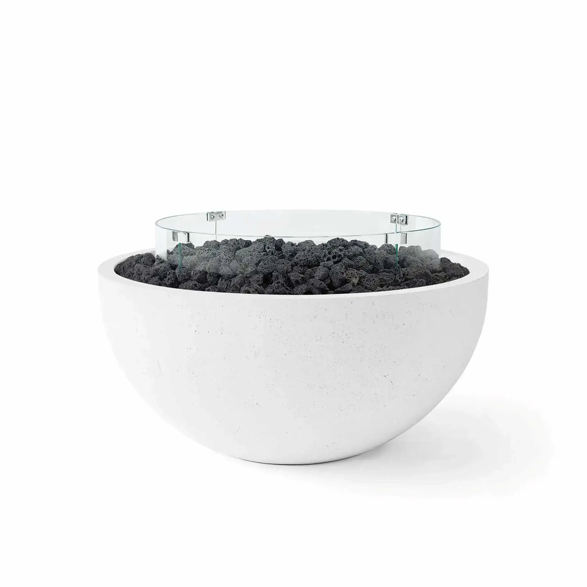 HPC Fire Hearth Products Controls Dekko GFRC Concrete Serenade 40 Fire Pit in Natural finish with black lava rock media and a tempered glass wind guard. The smooth bowl-shaped GFRC concrete design contrasts beautifully with textured volcanic rock while the circular glass windscreen provides added flame protection, creating a striking outdoor fire feature for modern patios and resort-style backyard settings.