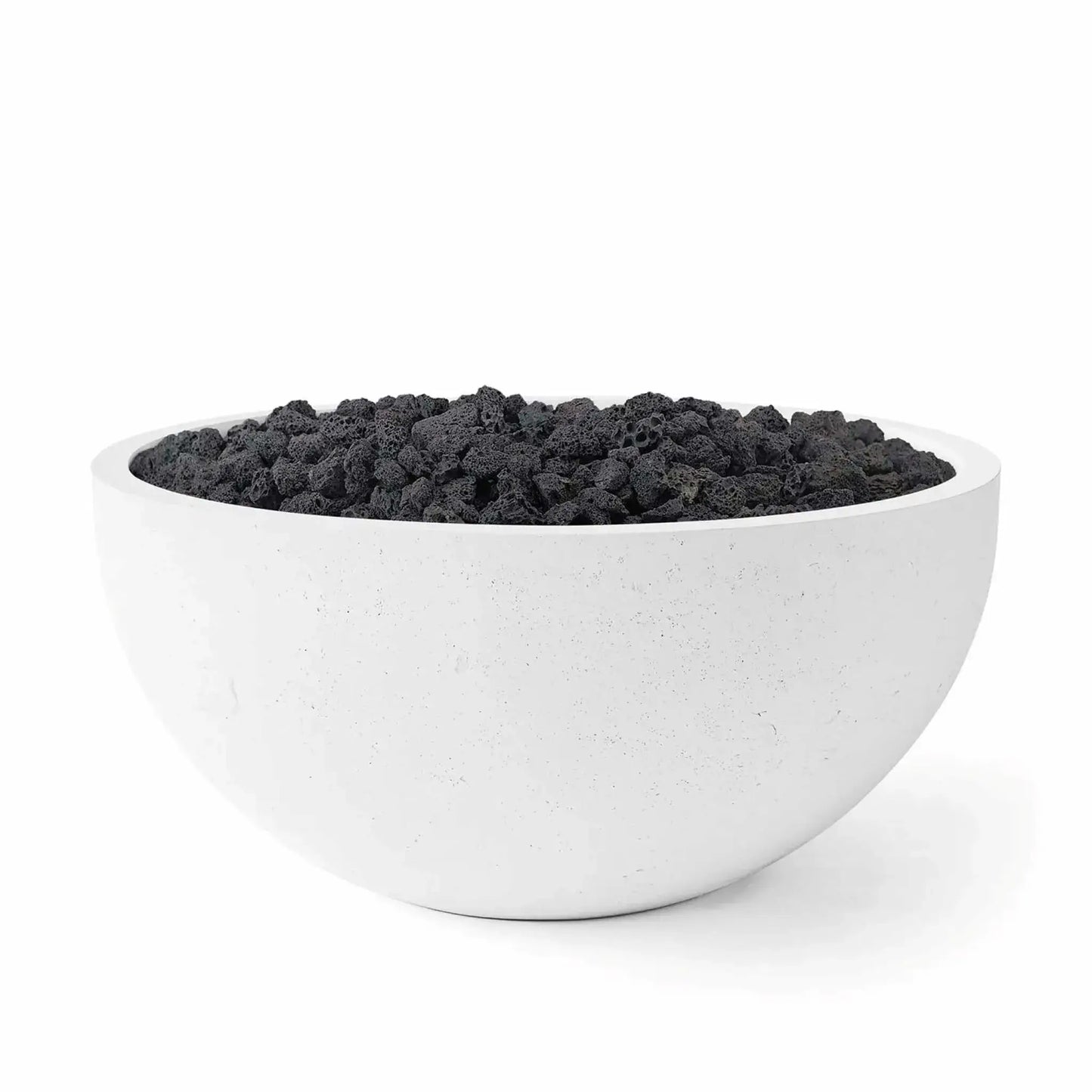 HPC Fire Hearth Products Controls Dekko GFRC Concrete Serenade 40 Fire Pit in Natural finish featuring Lava Rock media. The image showcases a round GFRC concrete fire bowl filled with textured black volcanic rock, highlighting the contrast between the natural concrete exterior and rugged fire media for a bold contemporary outdoor fire pit design.