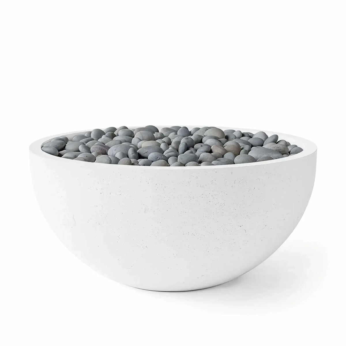 HPC Fire Hearth Products Controls Dekko GFRC Concrete Serenade 40 Fire Pit in Natural finish with Slate Stone media. The product image displays a modern round concrete fire bowl filled with smooth gray decorative stones, emphasizing the natural concrete texture, minimalist profile, and versatile aesthetic suited for upscale outdoor living and landscape projects.