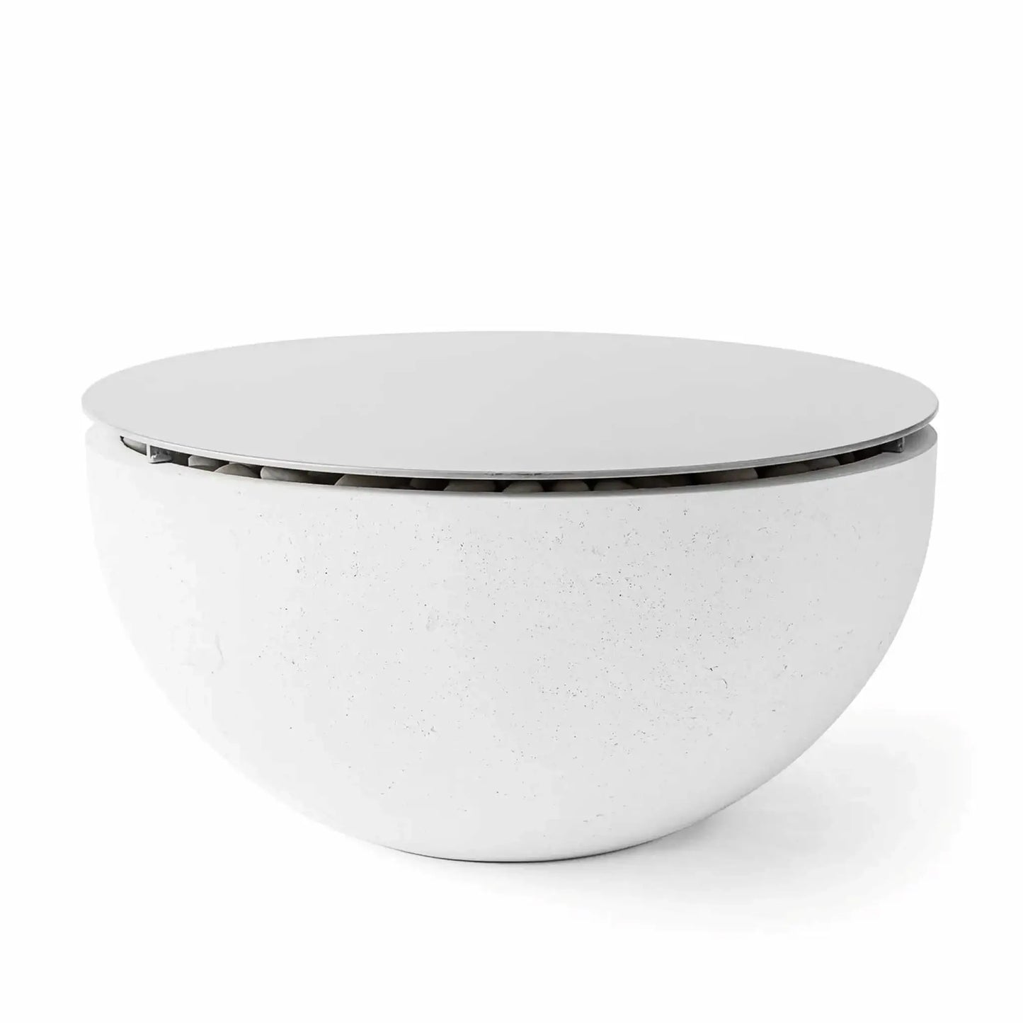 HPC Fire Hearth Products Controls Dekko GFRC Concrete Serenade 40 Fire Pit Natural Table Top Lid displayed on a natural-finish concrete fire pit table. The precision-fit round cover creates a flat tabletop surface and shields the burner opening when the fire pit is not in operation. The understated natural concrete finish highlights the Serenade 40’s modern bowl-shaped design.