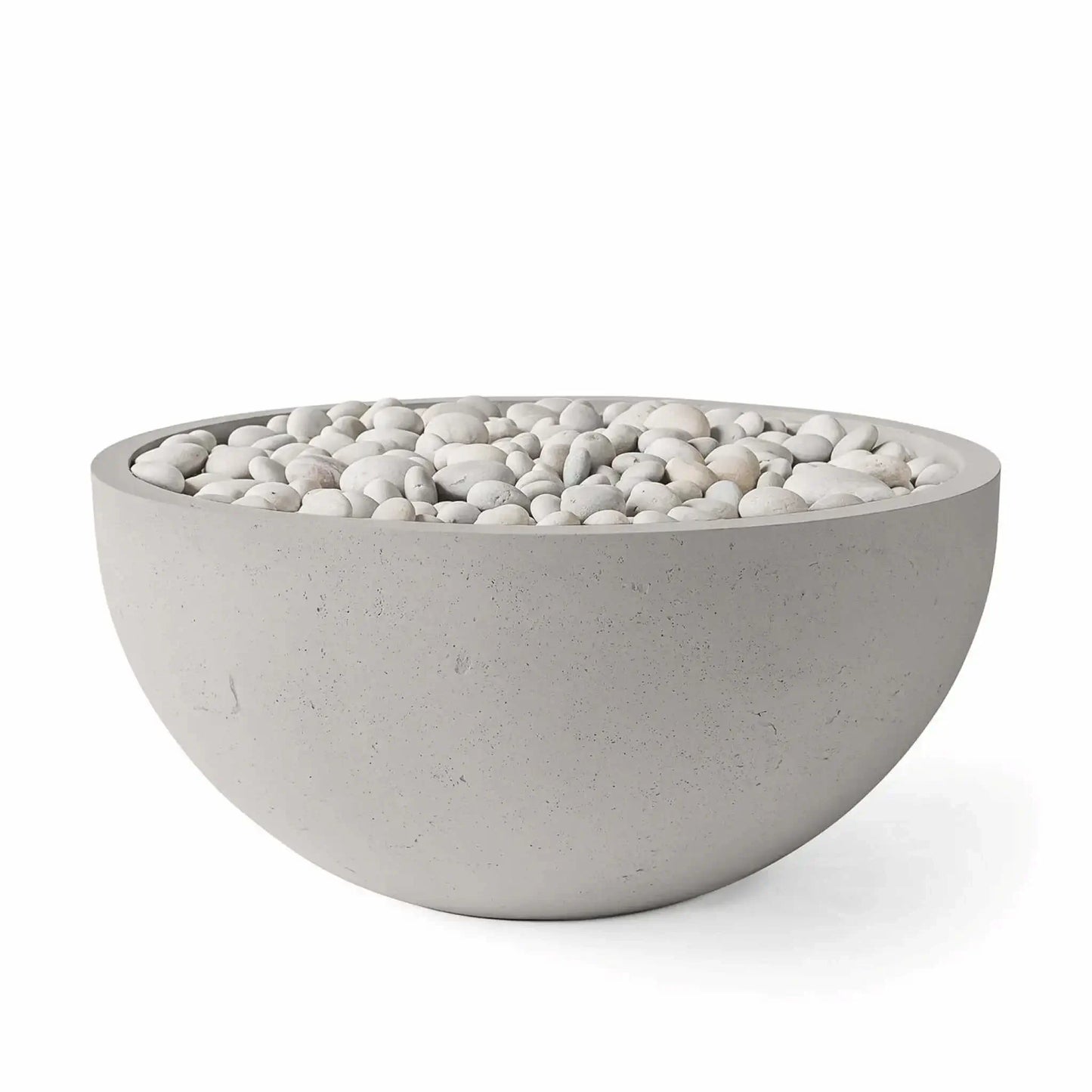 HPC Fire Hearth Products Controls Dekko GFRC Concrete Serenade 40 Fire Pit in Sandstone finish paired with Ivory Stone media. This studio product image highlights the warm sandstone-colored concrete bowl and decorative ivory river stones, showcasing a refined outdoor fire feature that blends seamlessly with contemporary patios, resort-inspired landscapes, and luxury outdoor spaces.