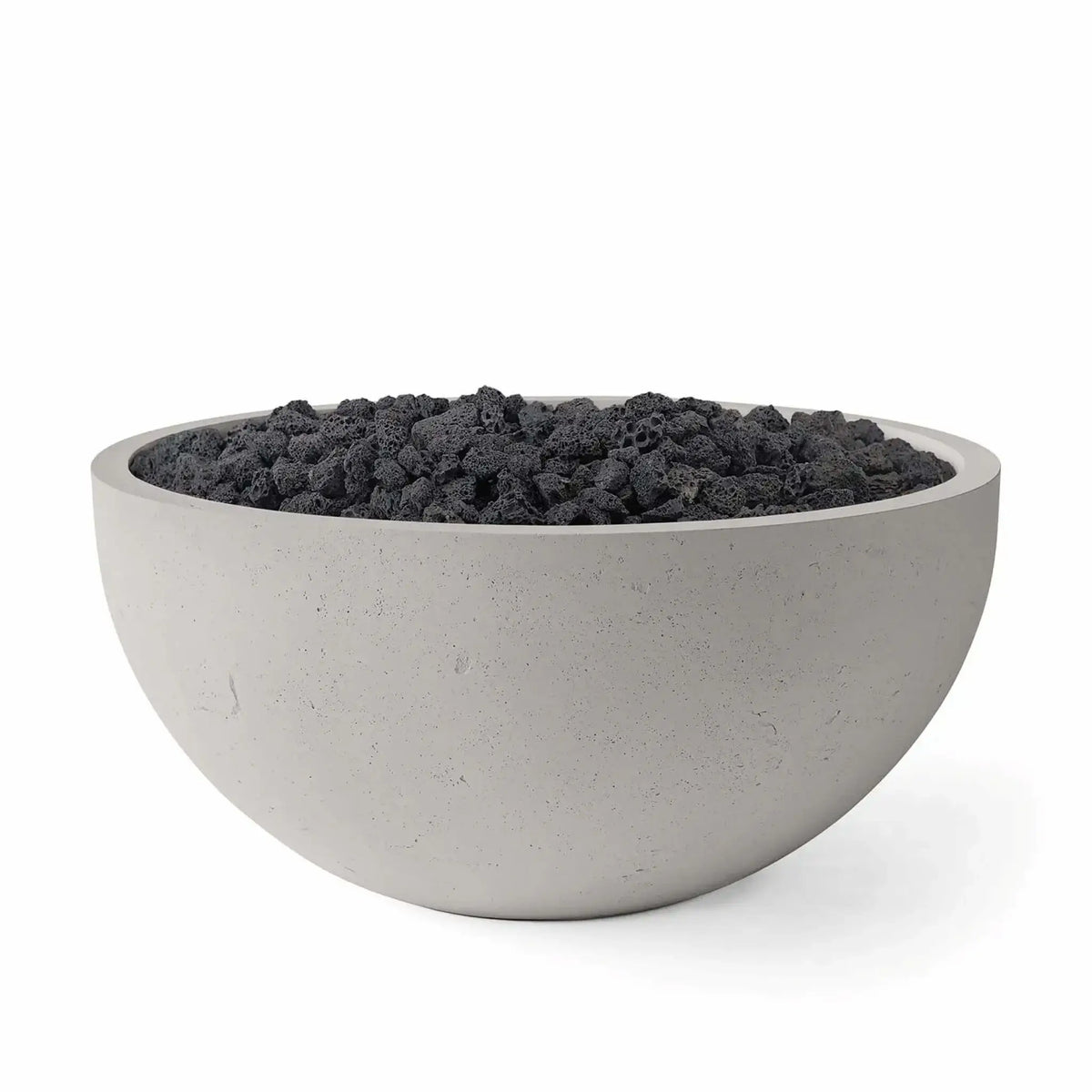 HPC Fire Hearth Products Controls Dekko GFRC Concrete Serenade 40 Fire Pit in Sandstone finish featuring Lava Rock media. The image showcases a modern GFRC concrete fire bowl with a warm sandstone tone and dark volcanic rock fill, creating a striking visual contrast while highlighting the fire pit’s durable construction and contemporary outdoor design appeal.