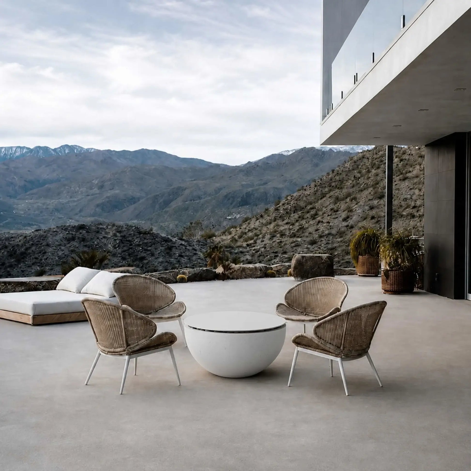 HPC Fire Hearth Products Controls Dekko GFRC Concrete Serenade 40 Fire Pit Table Top Lid featured on a luxury outdoor patio overlooking a mountain landscape. Positioned between four woven lounge chairs, the covered fire pit functions as a modern coffee table while maintaining the clean architectural style of the contemporary home. The tabletop lid provides a practical surface and protects the fire feature when not in use.
