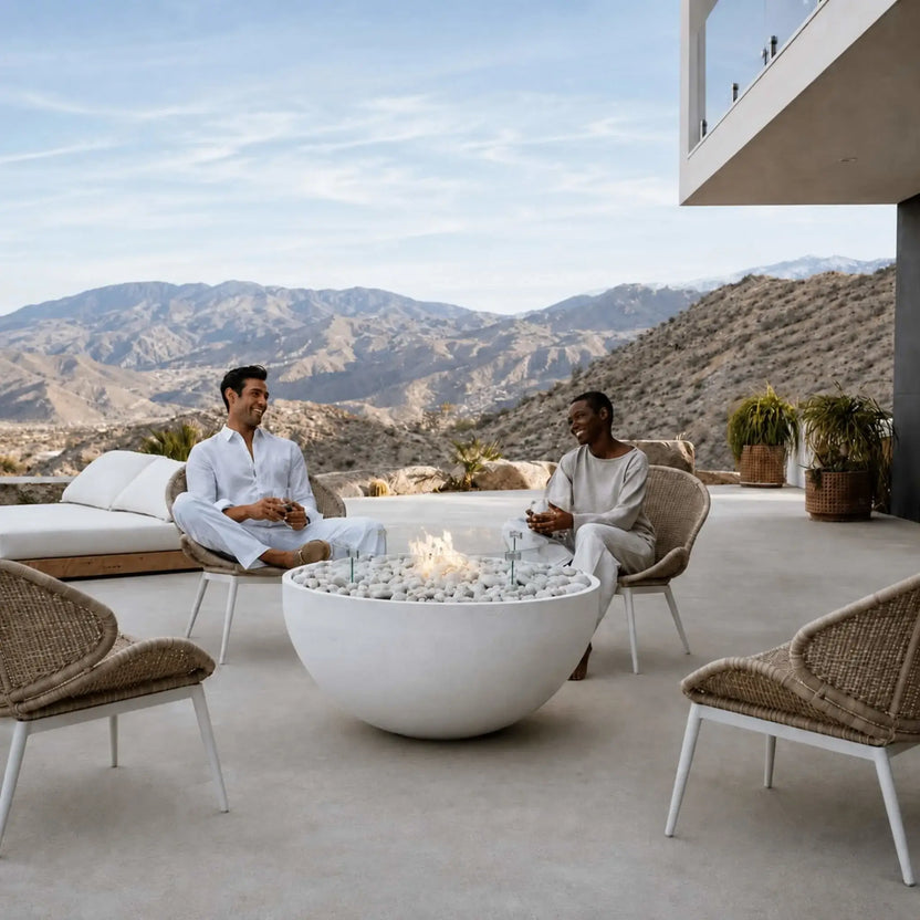 HPC Fire Hearth Products Controls Dekko GFRC Concrete Serenade 40 Fire Pit Tempered Glass Wind Guard Lifestyle 1 image showing a modern outdoor lounge overlooking a mountain landscape. Two people relax around the round concrete fire pit filled with ivory stones and protected by a circular tempered glass wind guard. Woven lounge chairs, contemporary architecture, and the glowing fire create an inviting luxury outdoor entertaining space.
