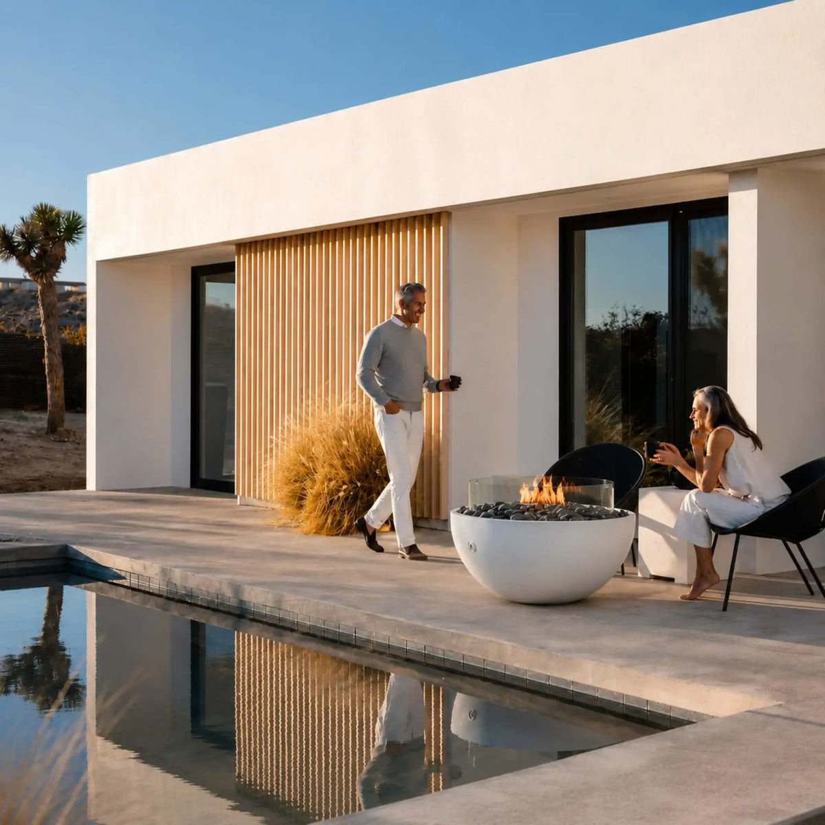 HPC Fire Hearth Products Controls Dekko GFRC Concrete Serenade 40 Fire Pit Tempered Glass Wind Guard Lifestyle 2 image featuring a luxury modern home beside a swimming pool. A couple enjoys the outdoor seating area centered around the round GFRC concrete fire pit with decorative stone media, active flames, and a clear tempered glass wind guard. The clean architectural lines and resort-style setting highlight the fire pit as a premium outdoor living centerpiece.