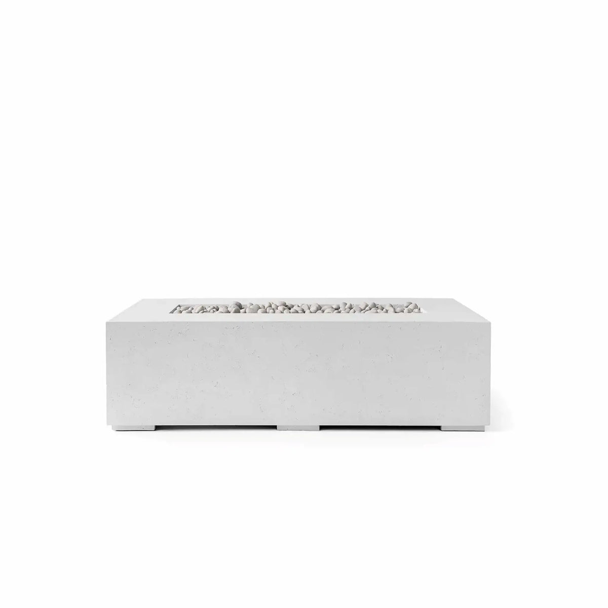 HPC Fire Hearth Products Controls Dekko GFRC Concrete Sonoma 56 x 30 Fire Pit in Ash finish featuring decorative Ivory Stone media. This rectangular outdoor gas fire pit showcases a clean, modern low-profile design with smooth GFRC concrete construction, a recessed linear burner opening, and light-colored stone fill. Displayed on a white background, the Sonoma fire pit offers contemporary styling for patios, outdoor living spaces, and backyard entertainment areas.