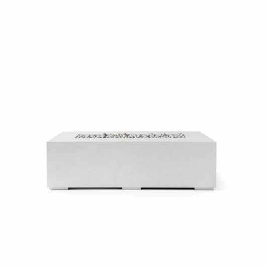 HPC Fire Hearth Products Controls Dekko GFRC Concrete Sonoma 56 x 30 Fire Pit in Ash finish featuring decorative Ivory Stone media. This rectangular outdoor gas fire pit showcases a clean, modern low-profile design with smooth GFRC concrete construction, a recessed linear burner opening, and light-colored stone fill. Displayed on a white background, the Sonoma fire pit offers contemporary styling for patios, outdoor living spaces, and backyard entertainment areas.