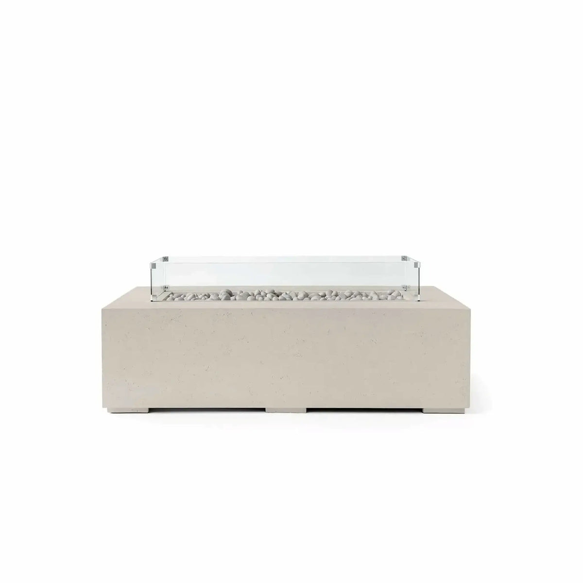 HPC Fire Hearth Products Controls Dekko GFRC Concrete Sonoma 56 x 30 Fire Pit in Clay finish featuring Ivory Stone media and a tempered glass wind guard. This rectangular outdoor fire table combines a warm clay-colored GFRC concrete exterior with smooth ivory stones arranged inside the recessed burner opening. The clear glass wind guard adds protection without obstructing the view, creating an elegant focal point for patios, courtyards, and outdoor lounge areas.