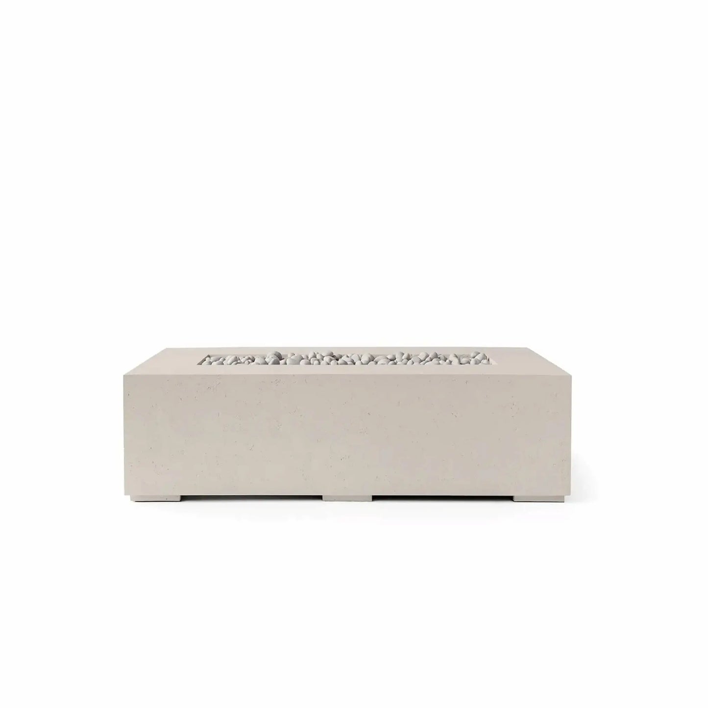 HPC Fire Hearth Products Controls Dekko GFRC Concrete Sonoma 56 x 30 Fire Pit finished in Clay with Ivory Stone media. The rectangular outdoor gas fire pit features a warm beige concrete-look exterior, recessed linear burner opening, and light decorative stone fill. Displayed on a clean white background, this contemporary GFRC fire pit offers a refined, neutral aesthetic that complements a wide variety of outdoor patio and landscape designs.