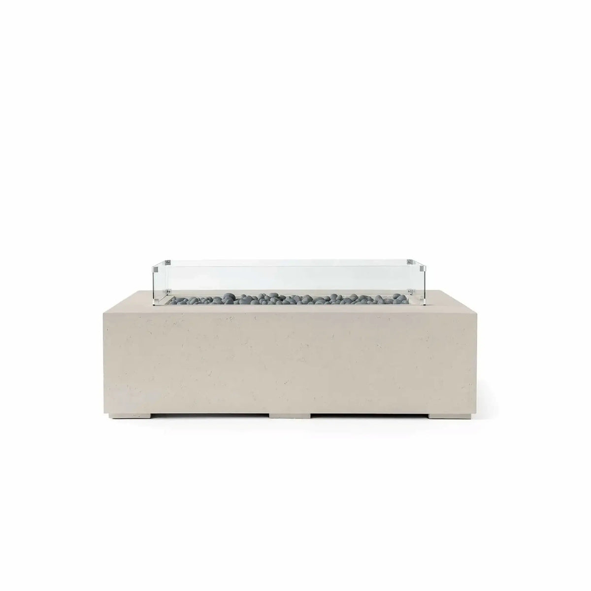 HPC Fire Hearth Products Controls Dekko GFRC Concrete Sonoma 56 x 30 Fire Pit in Clay finish with Slate Stone media and a tempered glass wind guard. This modern rectangular fire pit features a durable GFRC concrete exterior, decorative gray slate stones lining the linear burner area, and a clear glass wind guard positioned above the burner opening. The combination of warm clay tones and contemporary styling makes it ideal for luxury outdoor living spaces.