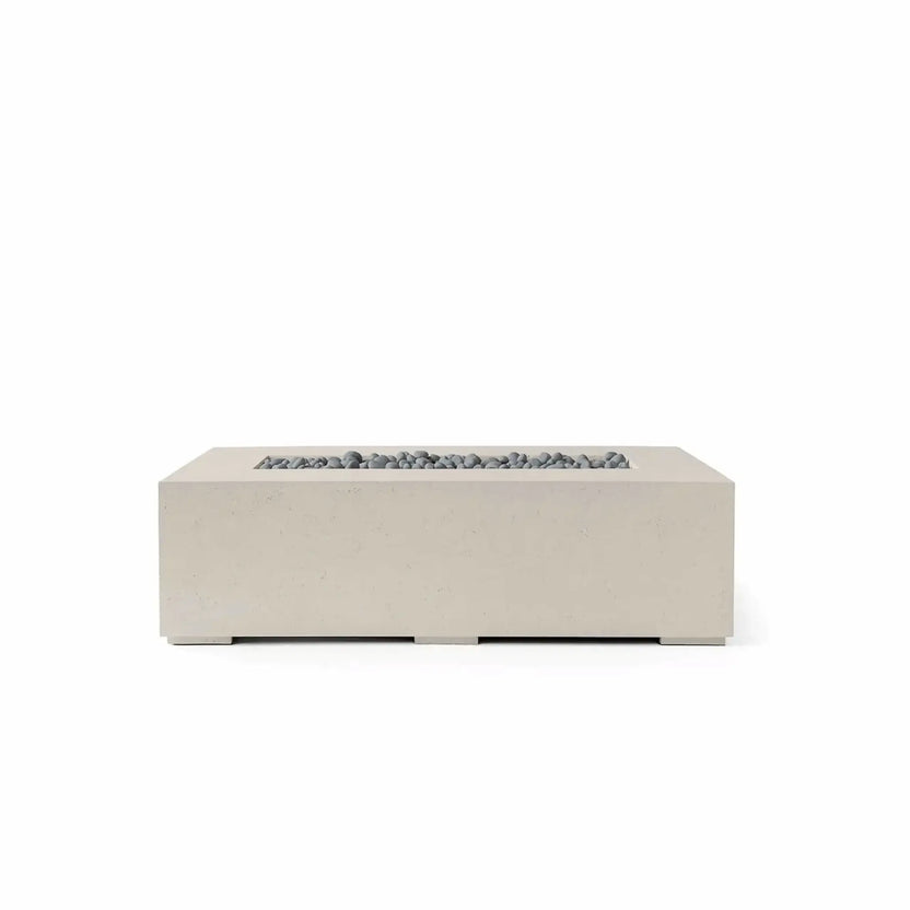 HPC Fire Hearth Products Controls Dekko GFRC Concrete Sonoma 56 x 30 Fire Pit featuring a Clay finish and Slate Stone fire media. The fire pit showcases a rectangular architectural design with a textured concrete-look exterior, recessed linear burner opening, and gray slate stone fill. Presented in a front-facing product image, this contemporary outdoor gas fire feature is designed for modern patios, courtyards, and backyard living areas.