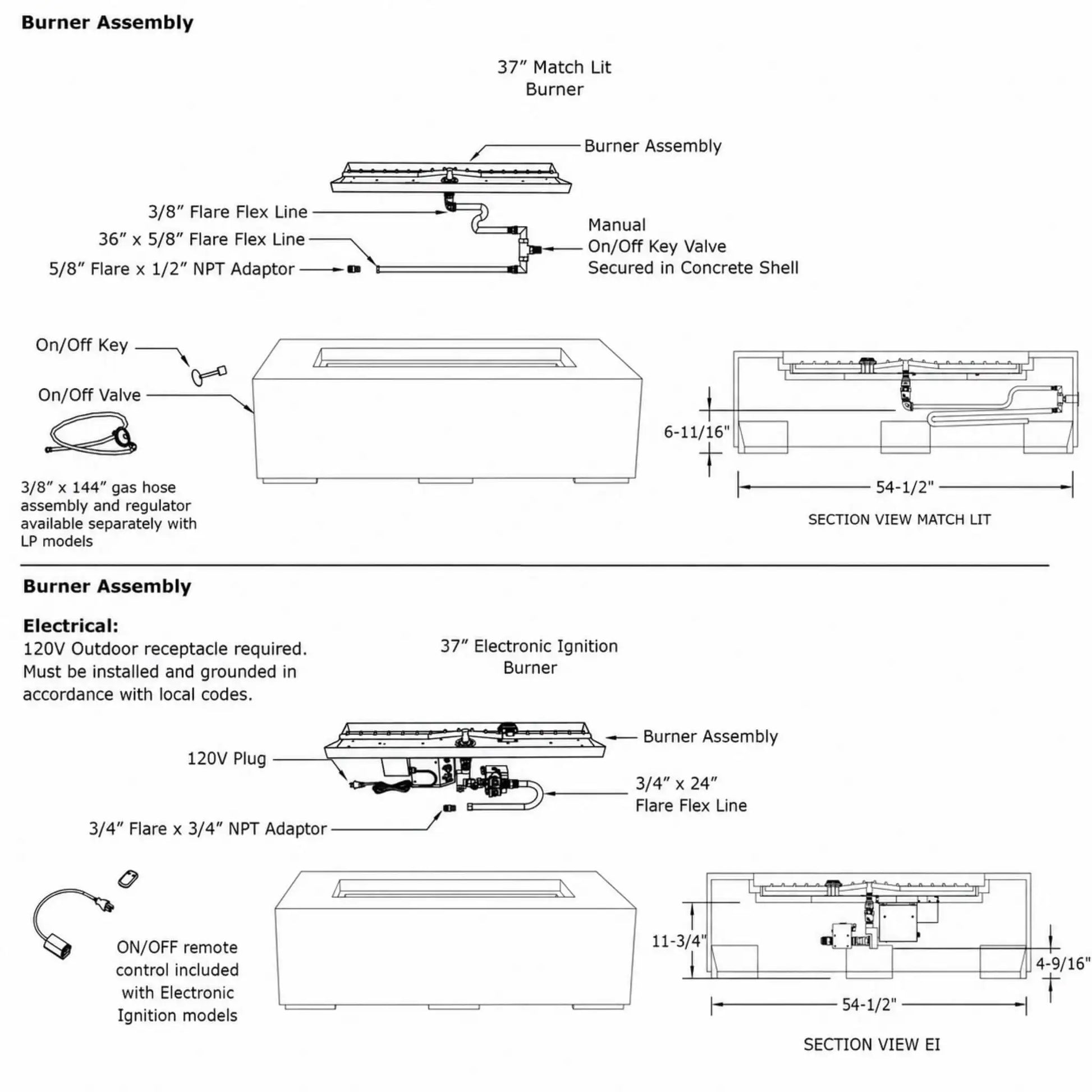 Technical burner assembly and installation specification sheet for the HPC Fire Hearth Products Controls Dekko GFRC Concrete Sonoma 56 x 30 Fire Pit. The diagram illustrates Match Lit and Electronic Ignition burner configurations, gas connections, flare flex lines, burner assemblies, valve locations, remote control components, section views, electrical requirements, and dimensional details. This engineering drawing provides installation guidance and burner system specifications for the Sonoma GFRC outdoor f