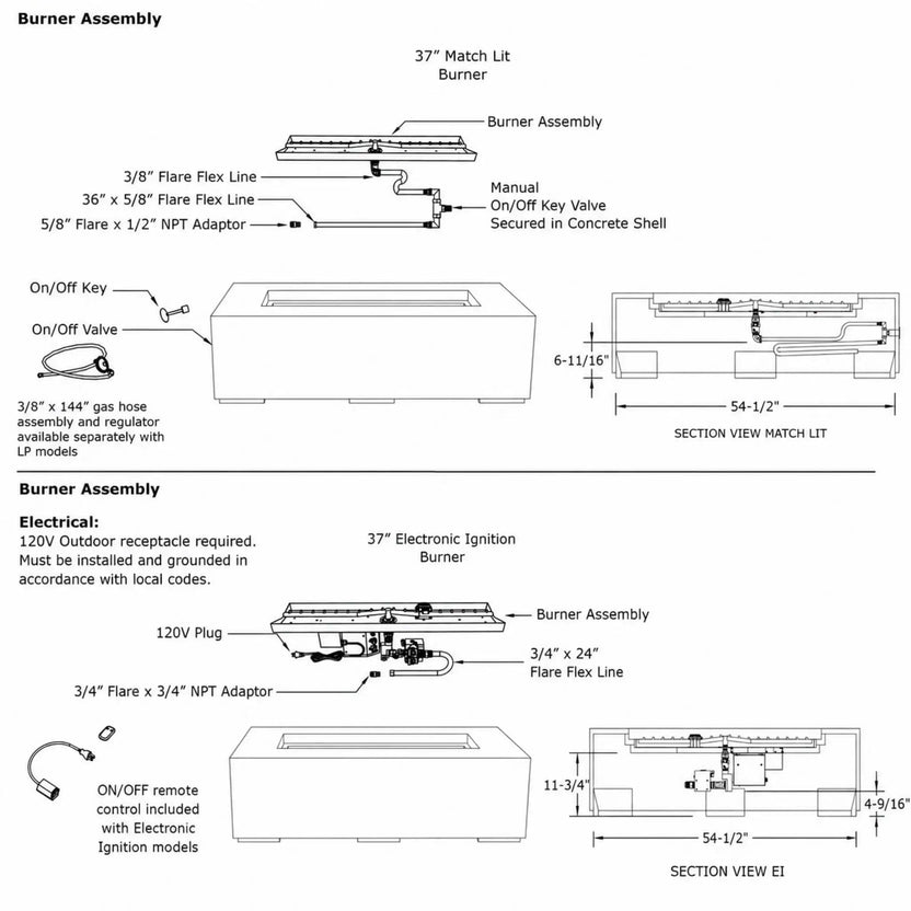 Technical burner assembly and installation specification sheet for the HPC Fire Hearth Products Controls Dekko GFRC Concrete Sonoma 56 x 30 Fire Pit. The diagram illustrates Match Lit and Electronic Ignition burner configurations, gas connections, flare flex lines, burner assemblies, valve locations, remote control components, section views, electrical requirements, and dimensional details. This engineering drawing provides installation guidance and burner system specifications for the Sonoma GFRC outdoor f