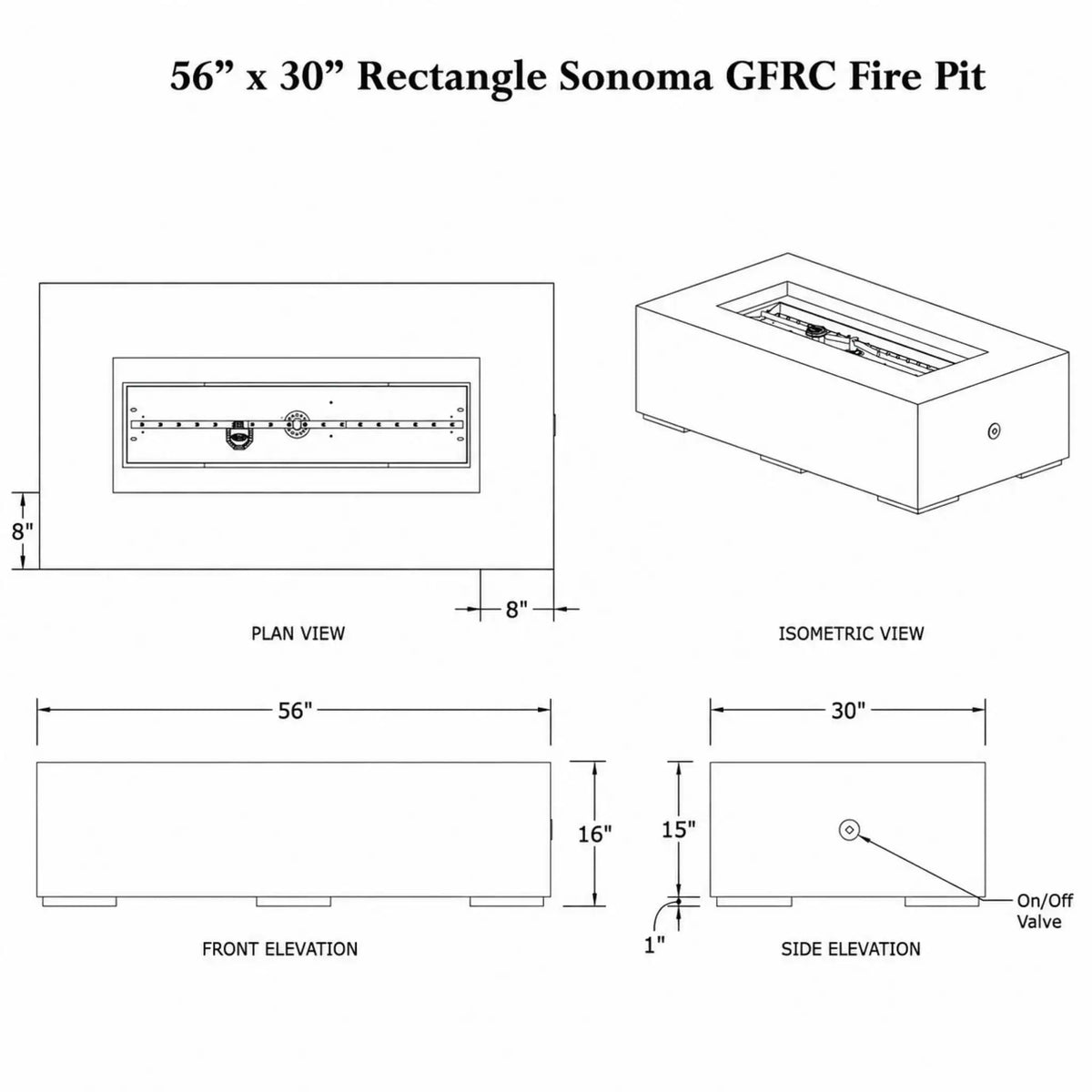 Technical specification sheet for the HPC Fire Hearth Products Controls Dekko GFRC Concrete Sonoma 56 x 30 Fire Pit. The engineering drawing includes plan, front, side, and isometric views of the rectangular outdoor fire pit, showing overall dimensions of 56 inches by 30 inches, 16-inch height, recessed burner opening, base supports, and on/off valve location. This dimensional reference diagram provides installation and product sizing details for the Sonoma GFRC fire pit.