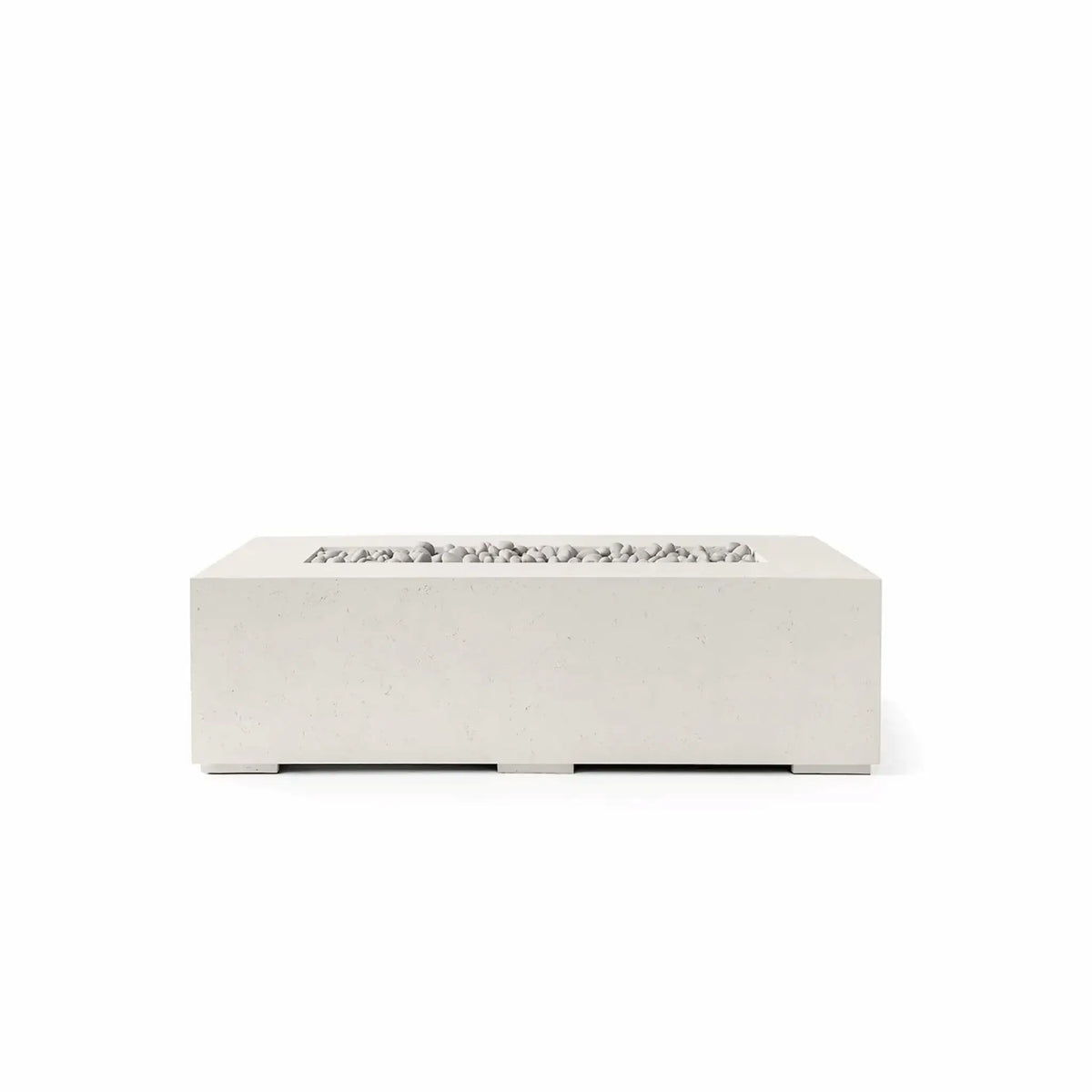 HPC Fire Hearth Products Controls Dekko GFRC Concrete Sonoma 56 x 30 Fire Pit in Limestone finish with Ivory Stone fire media. This modern rectangular outdoor fire pit features durable GFRC concrete construction, a recessed linear burner opening, and smooth decorative ivory stones. Shown on a clean white background, the Sonoma fire pit offers a refined contemporary look suitable for patios, poolside lounges, and outdoor gathering spaces.