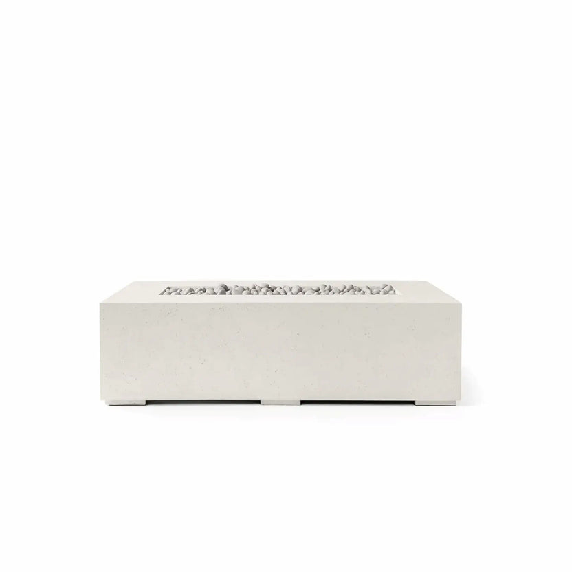 HPC Fire Hearth Products Controls Dekko GFRC Concrete Sonoma 56 x 30 Fire Pit in Limestone finish with Ivory Stone fire media. This modern rectangular outdoor fire pit features durable GFRC concrete construction, a recessed linear burner opening, and smooth decorative ivory stones. Shown on a clean white background, the Sonoma fire pit offers a refined contemporary look suitable for patios, poolside lounges, and outdoor gathering spaces.
