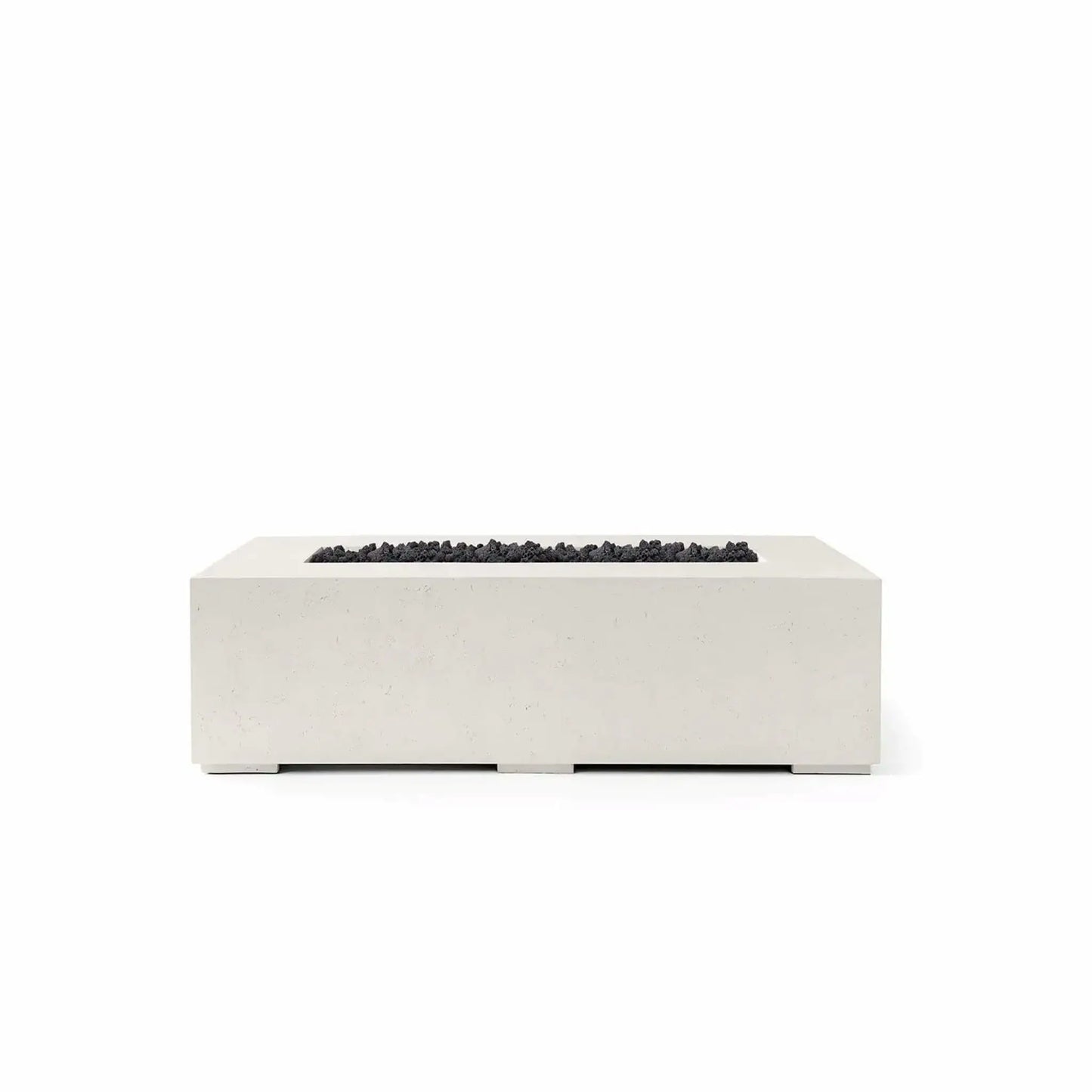 HPC Fire Hearth Products Controls Dekko GFRC Concrete Sonoma 56 x 30 Fire Pit finished in Limestone with black Lava Rock media. The rectangular fire feature combines a light concrete-look exterior with dark volcanic rock in the recessed burner tray, creating strong visual contrast. This studio product image highlights the Sonoma fire pit’s minimalist profile, durable GFRC construction, and contemporary outdoor design.