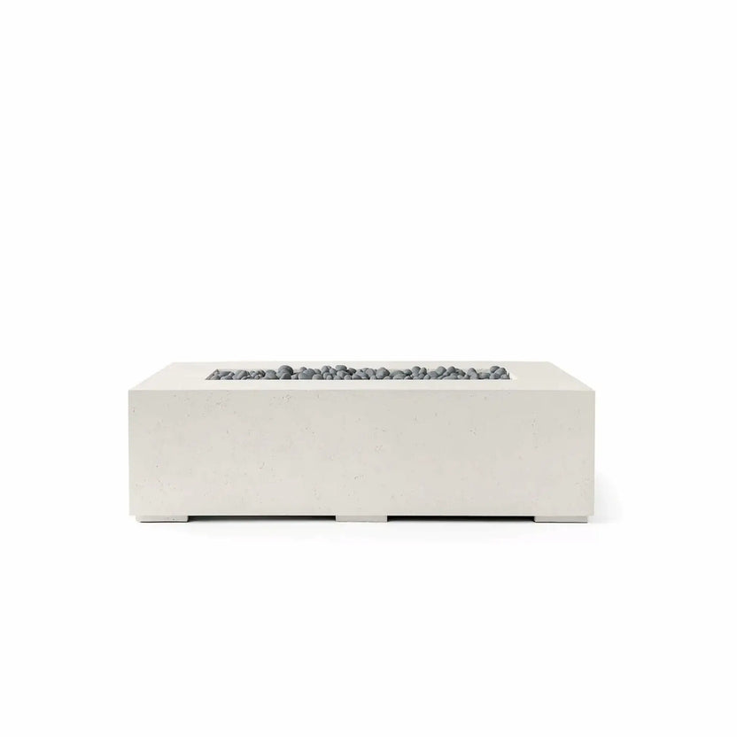 HPC Fire Hearth Products Controls Dekko GFRC Concrete Sonoma 56 x 30 Fire Pit in Limestone finish featuring Slate Stone media. The fire pit showcases a rectangular architectural form, textured GFRC concrete exterior, and recessed burner channel filled with gray decorative stones. Presented against a white background, this Sonoma outdoor gas fire pit complements modern patios, courtyards, and upscale outdoor living spaces.