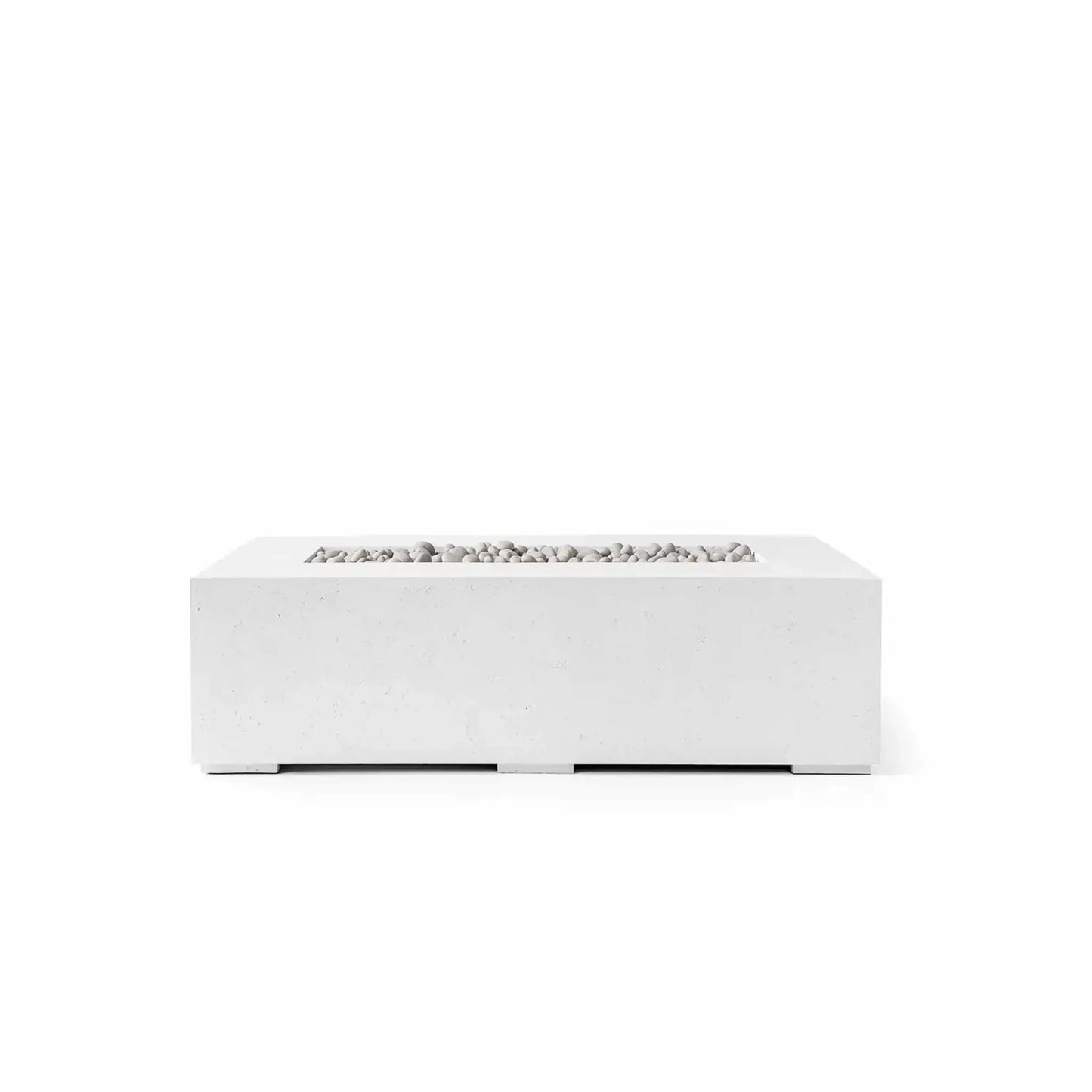 HPC Fire Hearth Products Controls Dekko GFRC Concrete Sonoma 56 x 30 Fire Pit in Natural finish with Ivory Stone media. The rectangular outdoor fire pit features a light concrete-look GFRC body, broad tabletop surface, and recessed linear burner area filled with smooth ivory stones. Displayed in a front-facing product image on a white background, the Sonoma fire pit offers timeless contemporary styling for outdoor entertainment and relaxation spaces.