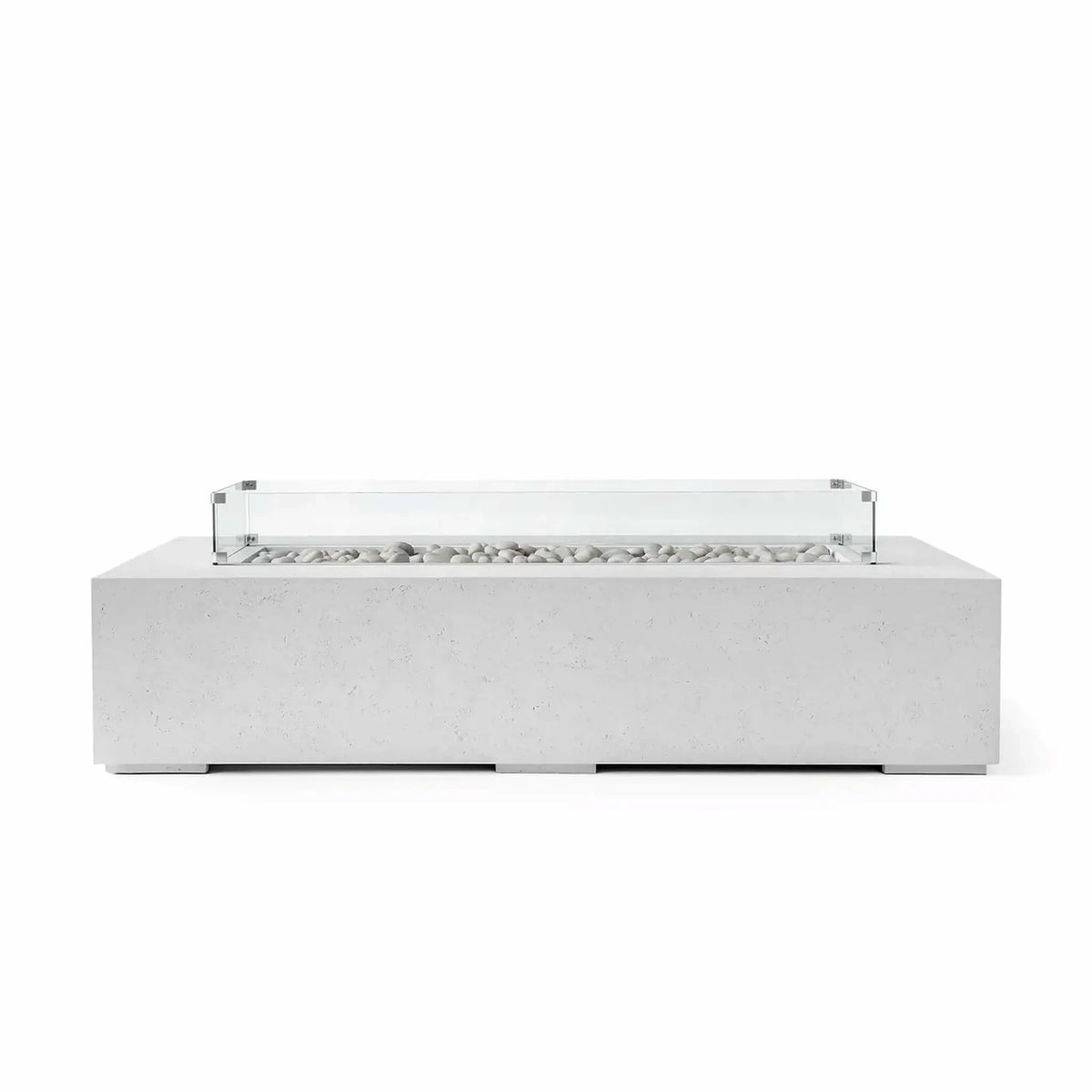 HPC Fire Hearth Products Controls Dekko GFRC Concrete Sonoma 72 x 33 Fire Pit in Ash finish featuring smooth ivory fire stones, a rectangular burner area, and a clear tempered glass wind guard. This modern outdoor fire pit table showcases a sleek low-profile GFRC concrete design with clean architectural lines, making it an ideal centerpiece for contemporary patios, decks, and outdoor living spaces.