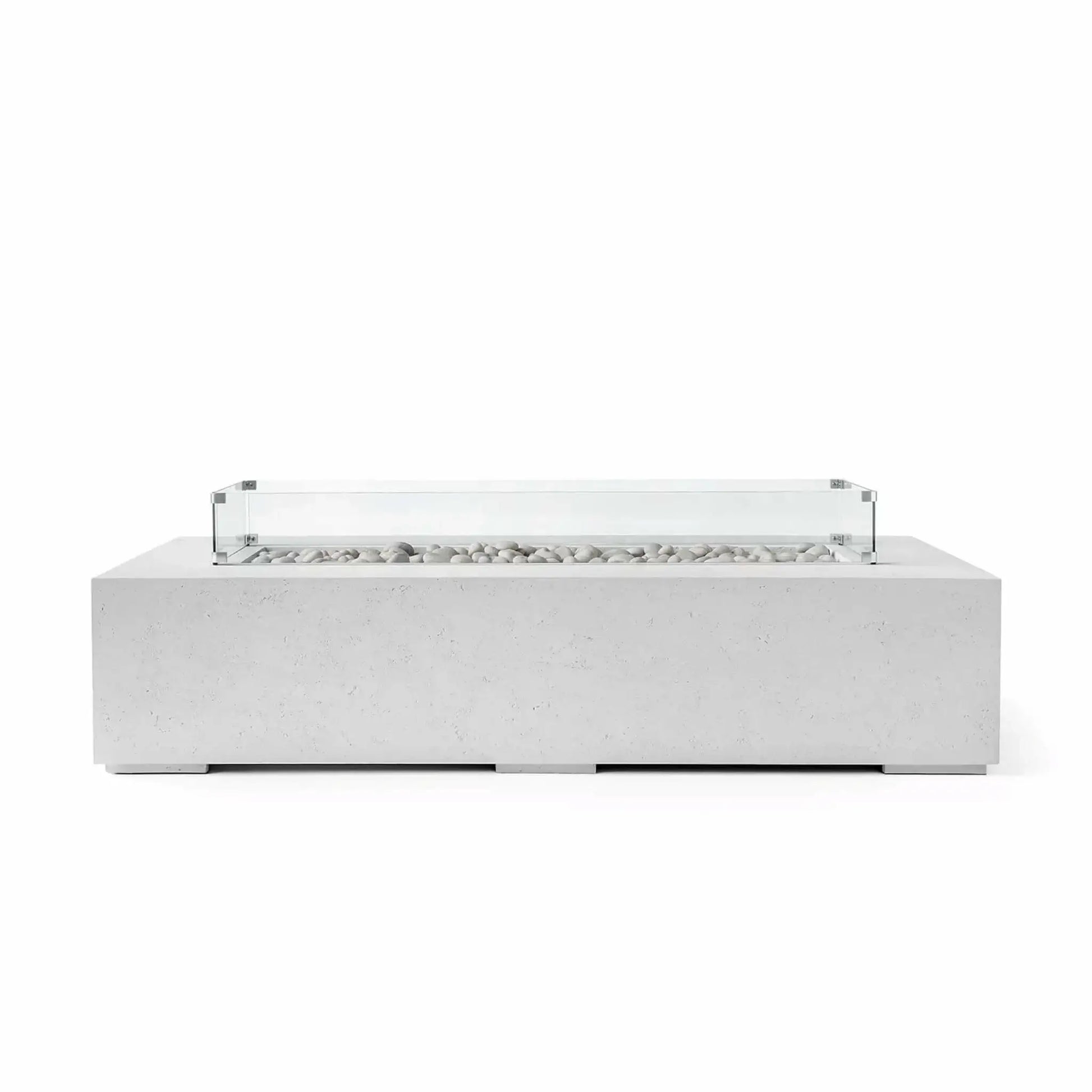 HPC Fire Hearth Products Controls Dekko GFRC Concrete Sonoma 72 x 33 Fire Pit in Ash finish featuring smooth ivory fire stones, a rectangular burner area, and a clear tempered glass wind guard. This modern outdoor fire pit table showcases a sleek low-profile GFRC concrete design with clean architectural lines, making it an ideal centerpiece for contemporary patios, decks, and outdoor living spaces.