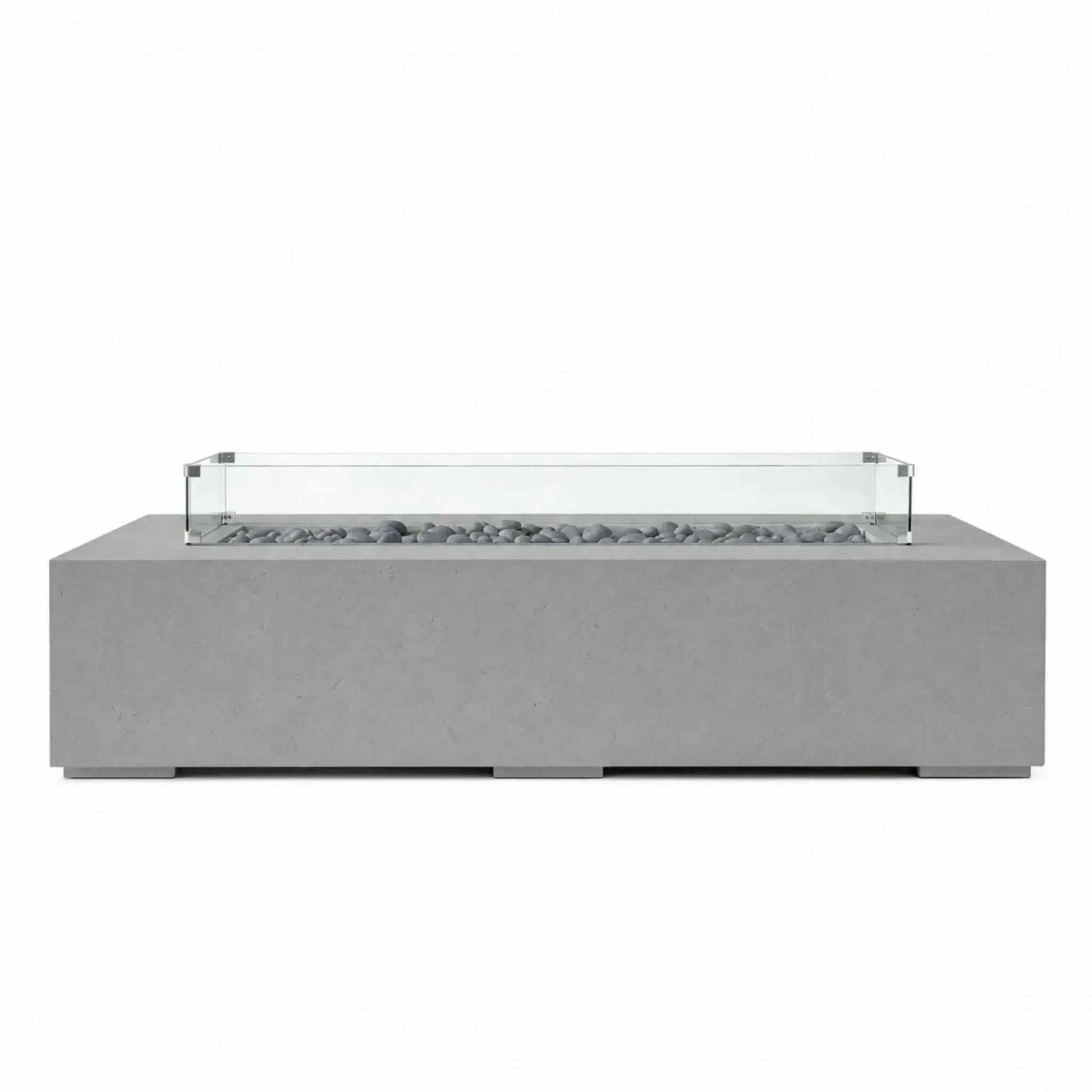 HPC Fire Hearth Products Controls Dekko GFRC Concrete Sonoma 72 x 33 Fire Pit in Charcoal finish with gray slate stone fire media and a tempered glass wind guard. The sleek rectangular fire feature combines textured concrete construction with modern fire media for a refined outdoor centerpiece suitable for patios, terraces, and contemporary landscape projects.