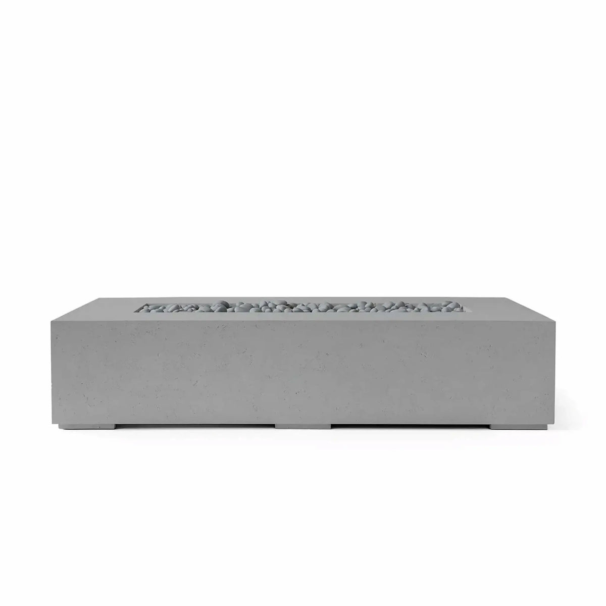 HPC Fire Hearth Products Controls Dekko GFRC Concrete Sonoma 72 x 33 Fire Pit in Charcoal finish with gray slate stone fire media and a tempered glass wind guard. The sleek rectangular fire feature combines textured concrete construction with modern fire media for a refined outdoor centerpiece suitable for patios, terraces, and contemporary landscape projects.