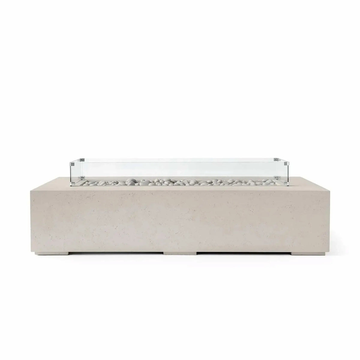 HPC Fire Hearth Products Controls Dekko GFRC Concrete Sonoma 72 x 33 Fire Pit in Clay finish featuring ivory fire stones and a clear tempered glass wind guard. The warm-toned concrete body and smooth decorative stone media create a sophisticated modern outdoor fire table designed to enhance residential patios, poolside seating areas, and outdoor entertainment spaces.