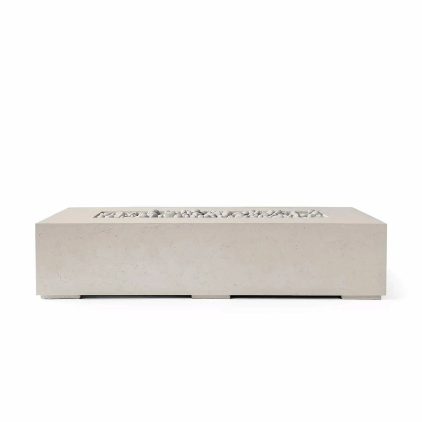 HPC Fire Hearth Products Controls Dekko GFRC Concrete Sonoma 72 x 33 Fire Pit in Clay finish featuring ivory fire stones and a clear tempered glass wind guard. The warm-toned concrete body and smooth decorative stone media create a sophisticated modern outdoor fire table designed to enhance residential patios, poolside seating areas, and outdoor entertainment spaces.