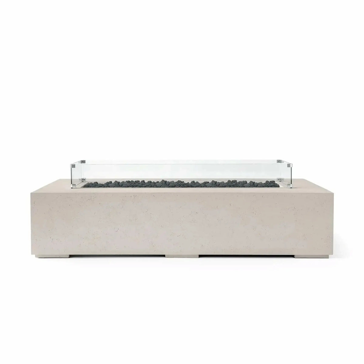 HPC Fire Hearth Products Controls Dekko GFRC Concrete Sonoma 72 x 33 Fire Pit in Clay finish with black lava rock media and a tempered glass wind guard. This elongated rectangular GFRC concrete fire pit showcases clean lines, durable construction, and a contemporary aesthetic, making it an attractive focal point for outdoor living and gathering areas.