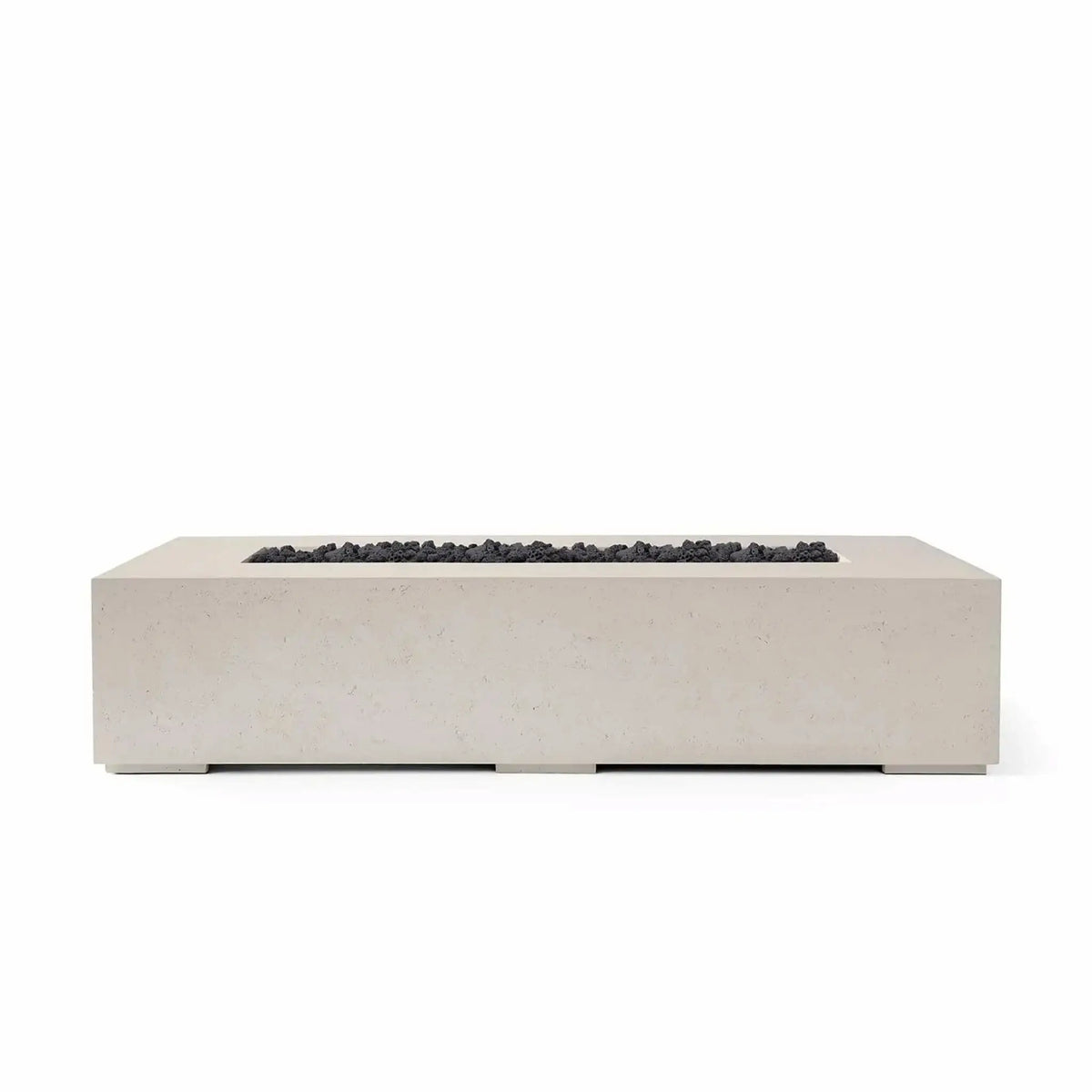 HPC Fire Hearth Products Controls Dekko GFRC Concrete Sonoma 72 x 33 Fire Pit in Clay finish with black lava rock media and a tempered glass wind guard. This elongated rectangular GFRC concrete fire pit showcases clean lines, durable construction, and a contemporary aesthetic, making it an attractive focal point for outdoor living and gathering areas.