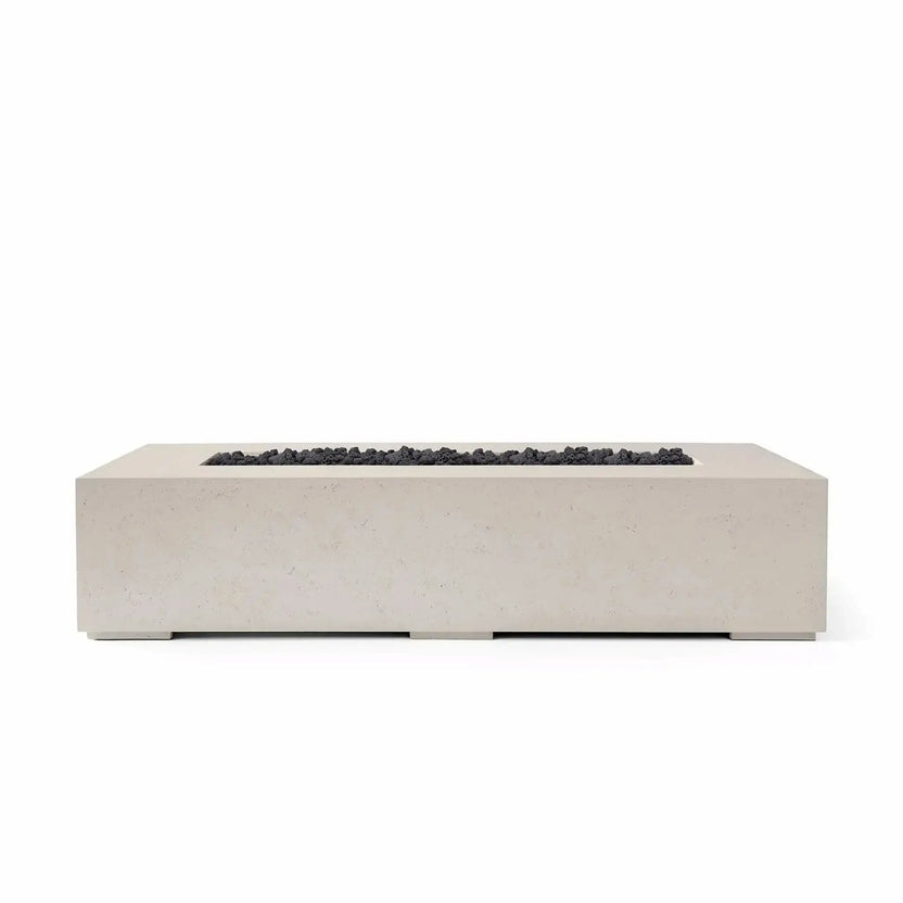 HPC Fire Hearth Products Controls Dekko GFRC Concrete Sonoma 72 x 33 Fire Pit in Clay finish with black lava rock media and a tempered glass wind guard. This elongated rectangular GFRC concrete fire pit showcases clean lines, durable construction, and a contemporary aesthetic, making it an attractive focal point for outdoor living and gathering areas.