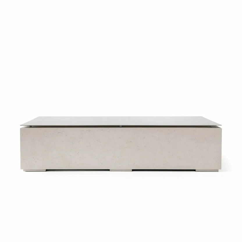 HPC Fire & Hearth Products Controls Dekko GFRC Concrete Sonoma 72 x 33 Fire Pit Clay Table Top Lid shown in a warm clay-colored concrete finish. This modern rectangular fire pit features a matching lid that neatly conceals the burner area, creating a smooth tabletop surface when the fire feature is not in use. The subtle texture and earthy tone blend naturally with contemporary outdoor furniture and patio designs.