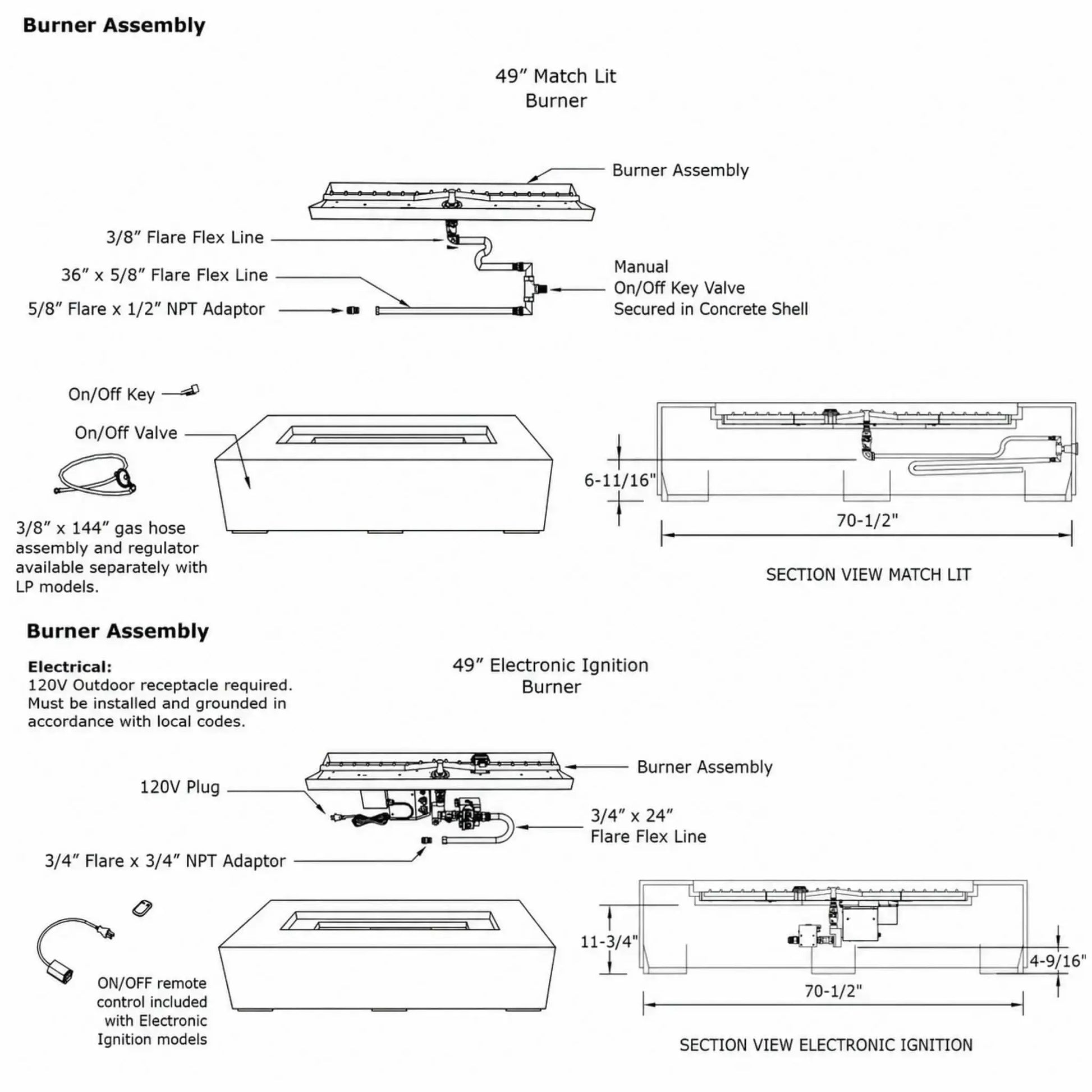 Technical burner assembly and ignition specification sheet for the Dekko GFRC Concrete Sonoma 72 x 33 Fire Pit. The diagram details both 49-inch Match Lit Burner and 49-inch Electronic Ignition Burner configurations, including burner assemblies, flare flex lines, gas connections, on/off key valve, remote control components, electrical requirements, and section views with dimensional measurements. This engineering drawing provides installation and burner system reference information for Sonoma fire pit model