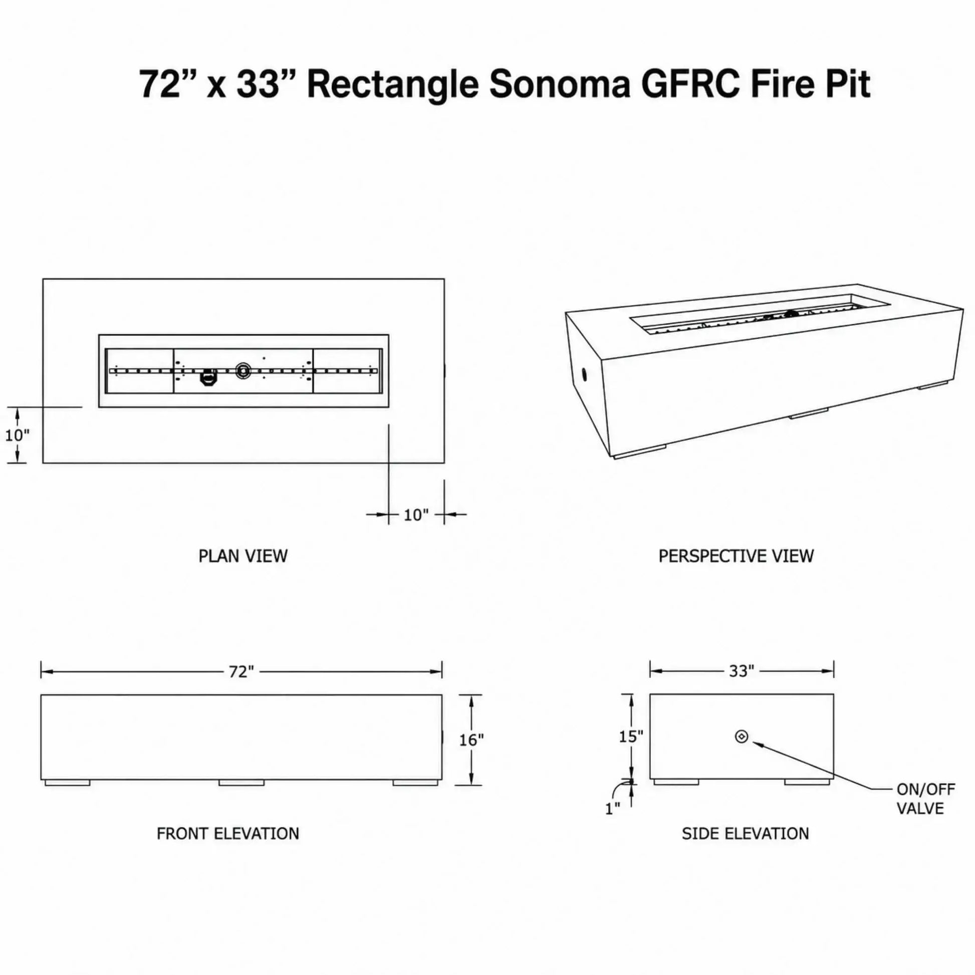 Technical specification graphic for the Dekko GFRC Concrete Sonoma 72 x 33 Rectangle Fire Pit. The sheet includes plan, perspective, front elevation, and side elevation drawings with labeled dimensions, including 72-inch width, 33-inch depth, and 16-inch height. It also identifies the recessed burner area and on/off valve location, providing detailed engineering and installation reference information for the Sonoma GFRC fire pit model.