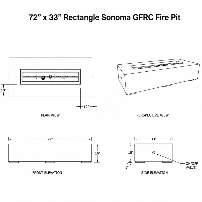 Technical specification graphic for the Dekko GFRC Concrete Sonoma 72 x 33 Rectangle Fire Pit. The sheet includes plan, perspective, front elevation, and side elevation drawings with labeled dimensions, including 72-inch width, 33-inch depth, and 16-inch height. It also identifies the recessed burner area and on/off valve location, providing detailed engineering and installation reference information for the Sonoma GFRC fire pit model.